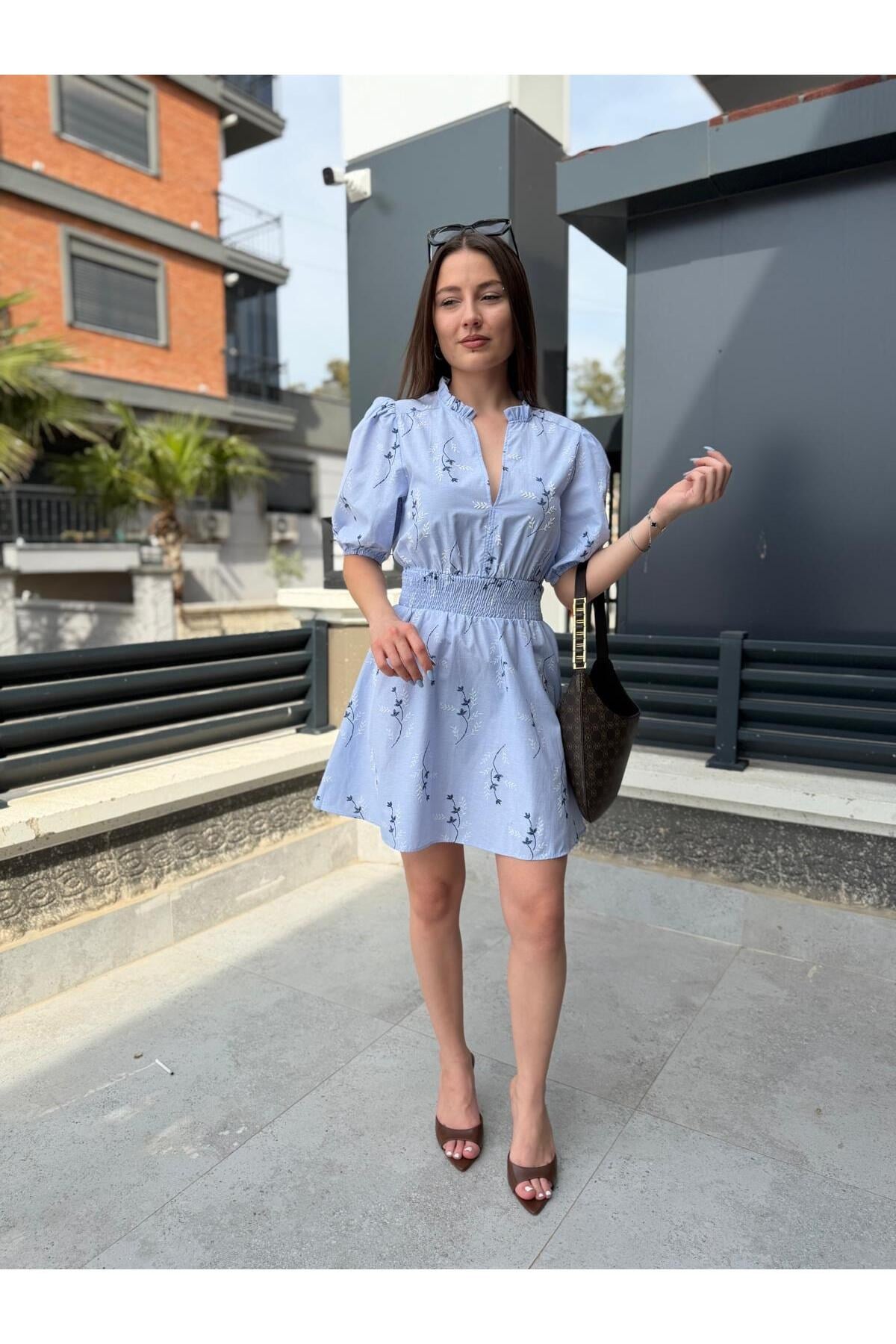 Kadın Mavi Nakış Detaylı Mini Elbise Balon Kol Beli Lastikli Yazlık Elbise