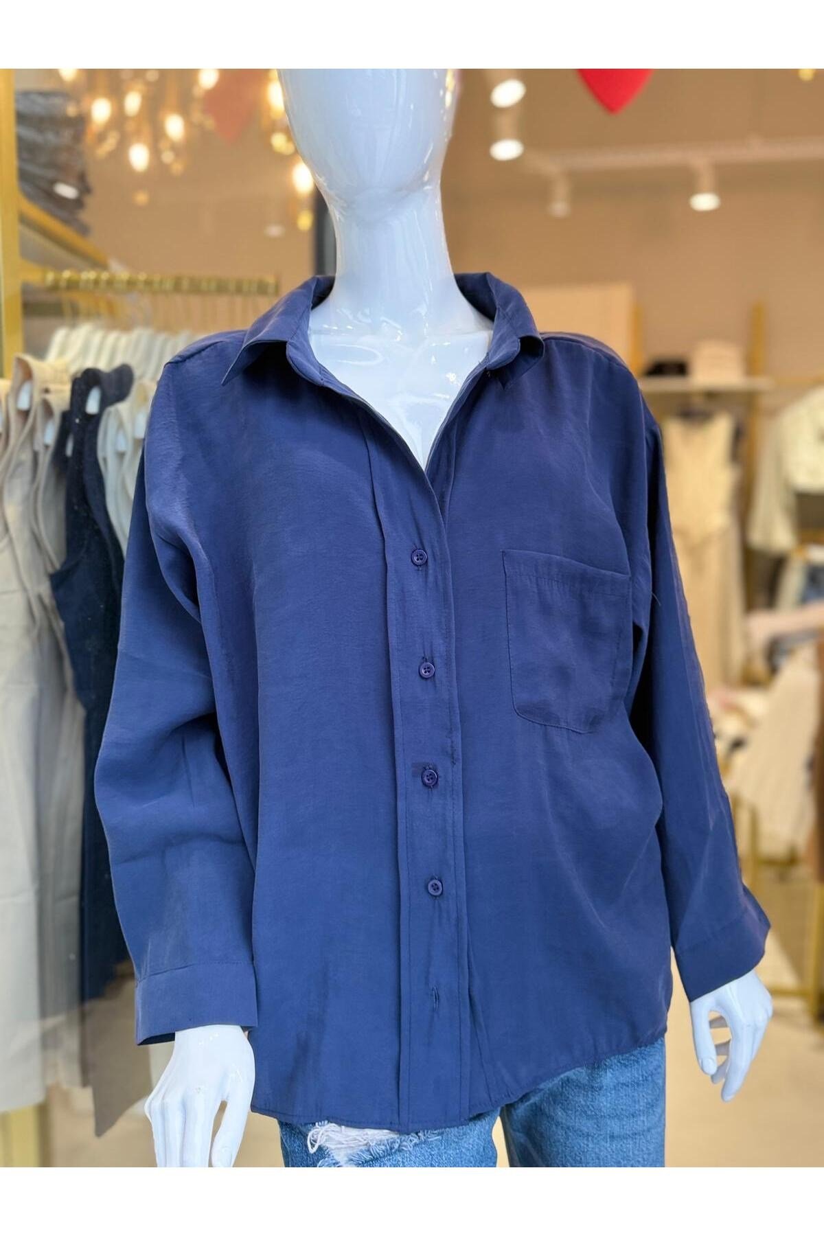 Kadın Oversize Salaş Gömlek Cepli Uzun Kollu Basic Şık Gömlek