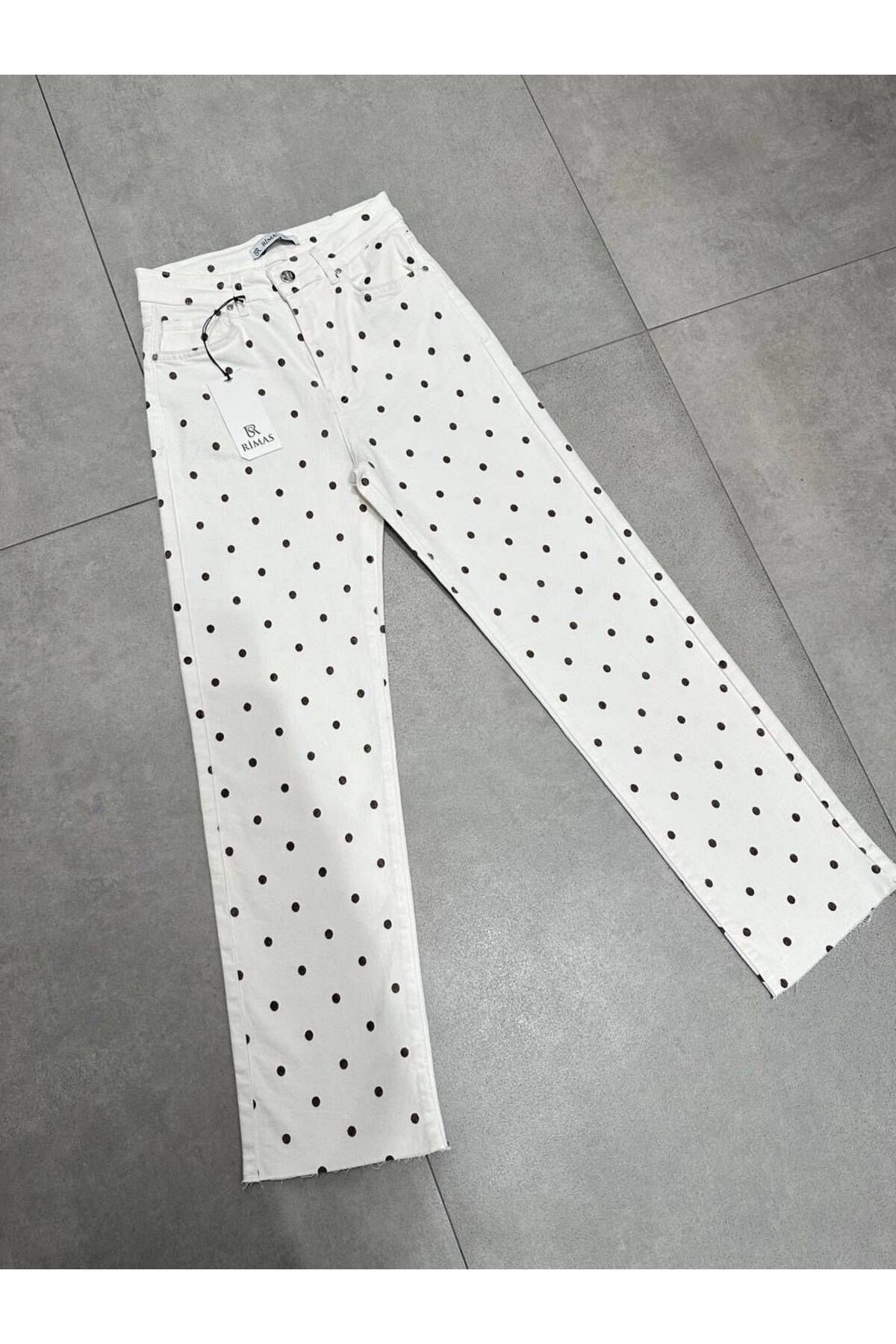 Kadın Puantiyeli Likralı Yüksek Bel Jean Pantolon