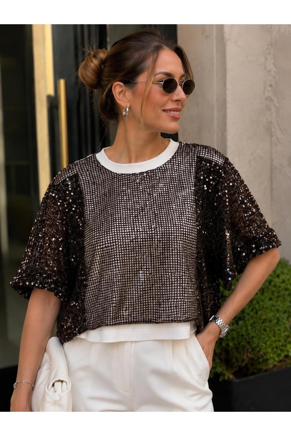 Kadın Pul Payetli Oversize Bluz