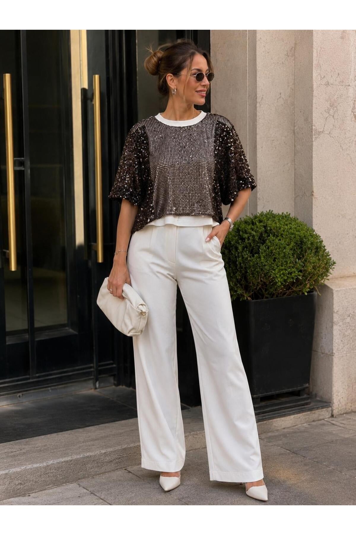 Kadın Pul Payetli Oversize Bluz