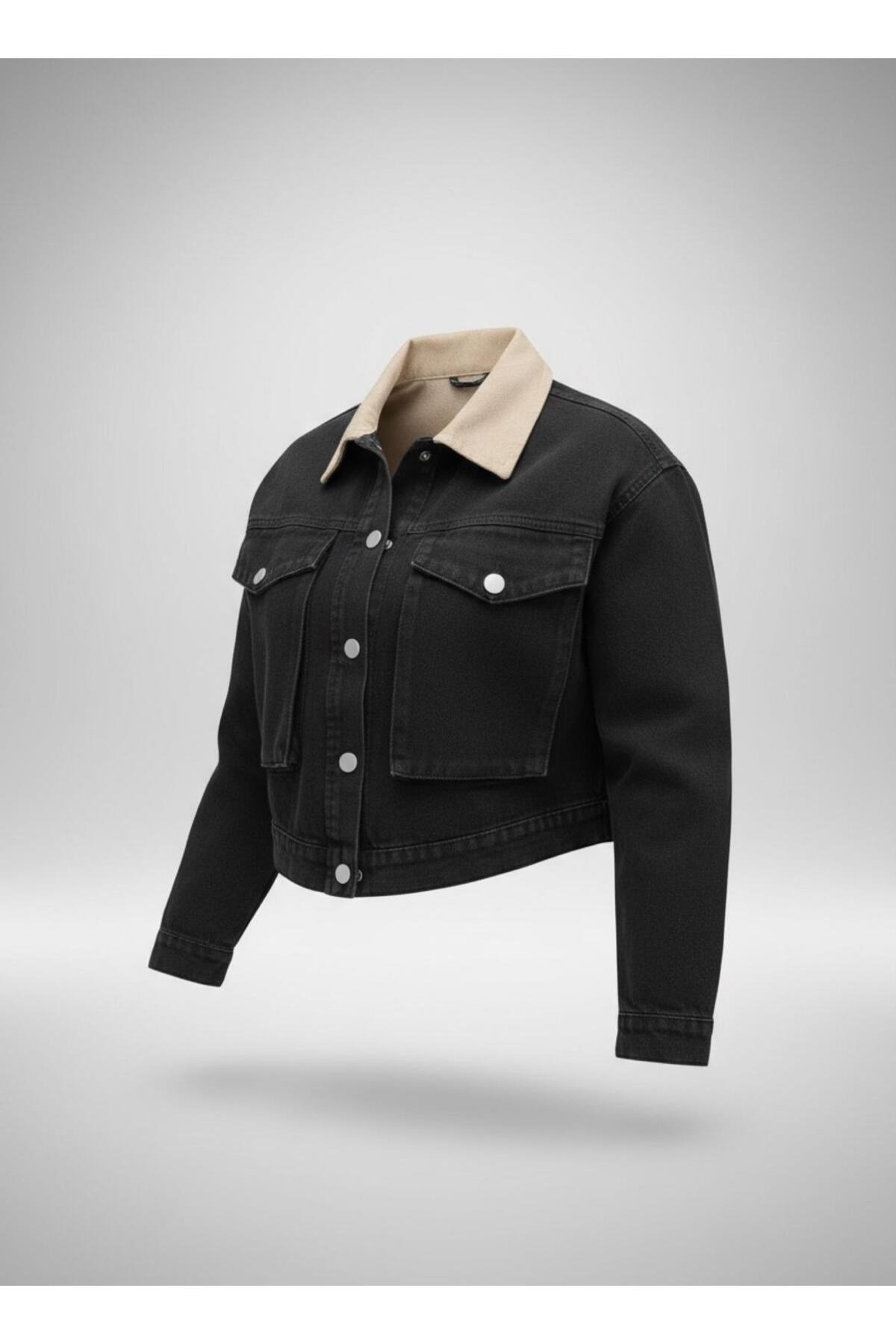 Kadın Siyah Kot Ceket Bej Kadife Yaka Detaylı Çıtçıtlı Kısa Denim Ceket