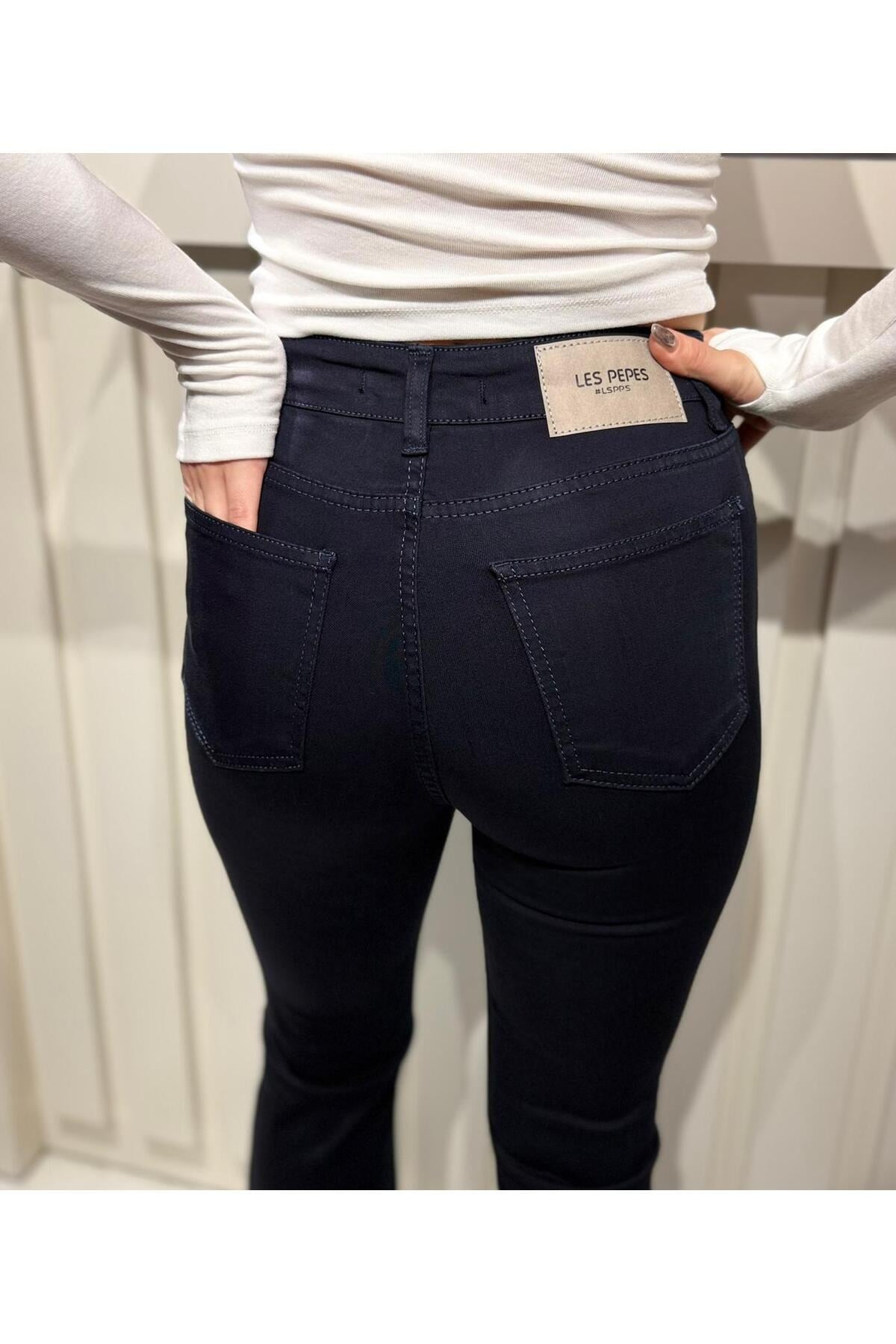 Kadın Yüksek Bel İspanyol Paça Lacivert Jean Pantolon