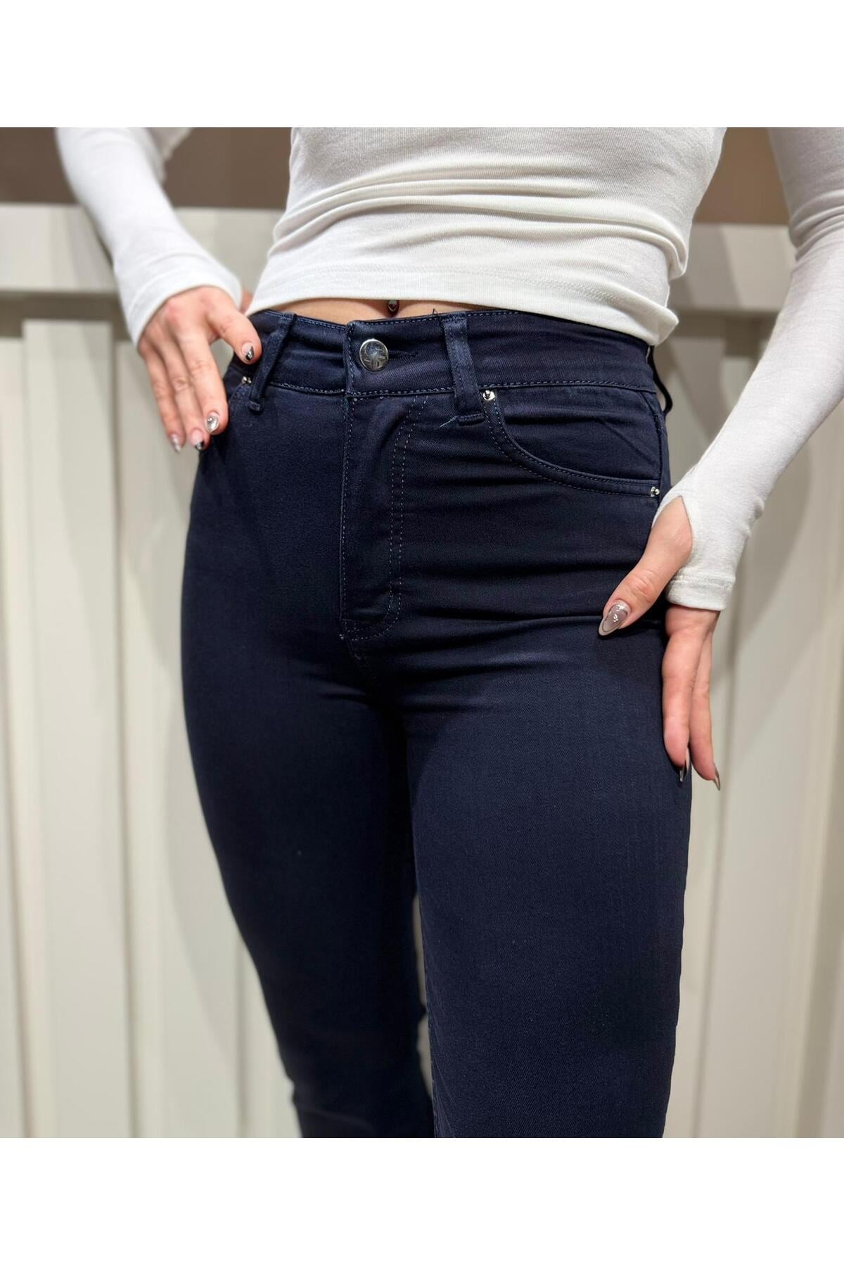 Kadın Yüksek Bel İspanyol Paça Lacivert Jean Pantolon