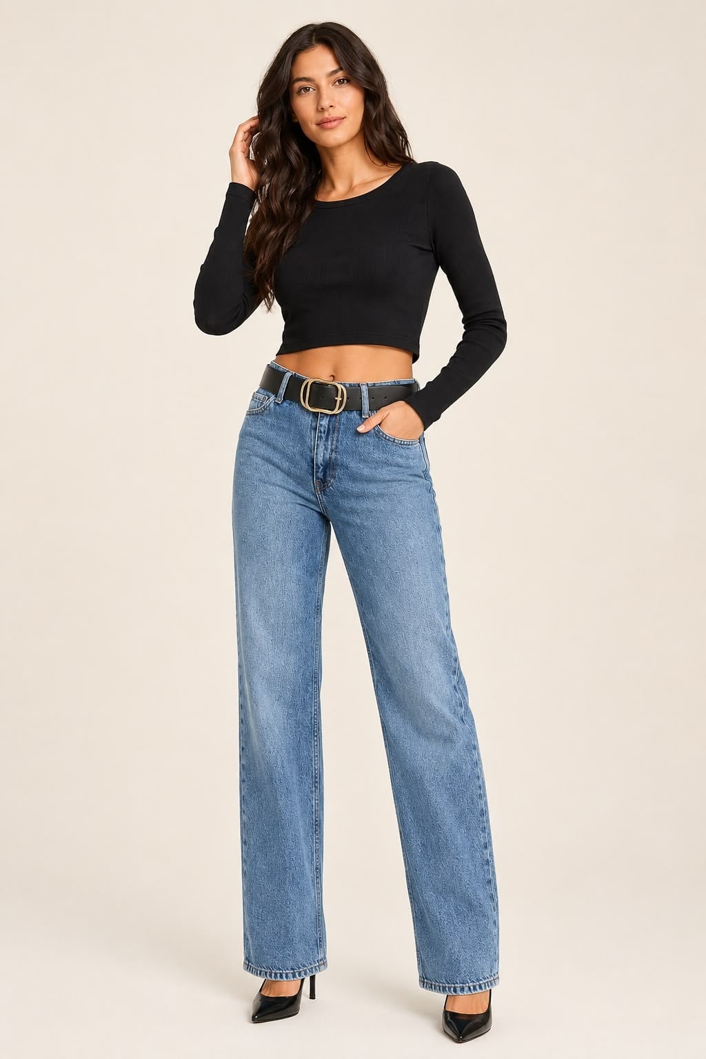 Kadın Yüksek Bel Kemerli Wide leg Jean Pantolon