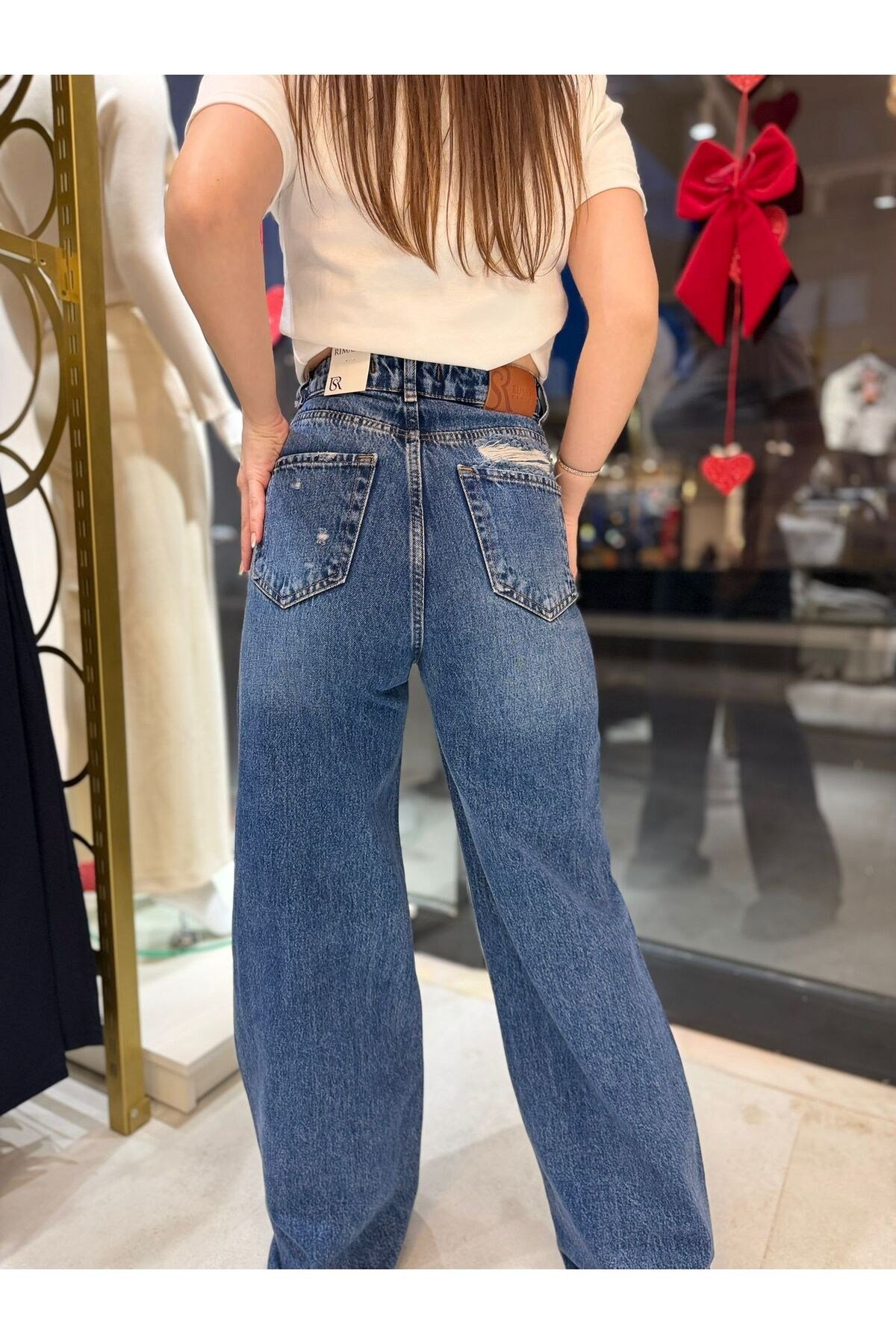 Kadın Yüksek Bel Kesik Paça Wide Leg Vintage Mavi Jean Pantolon