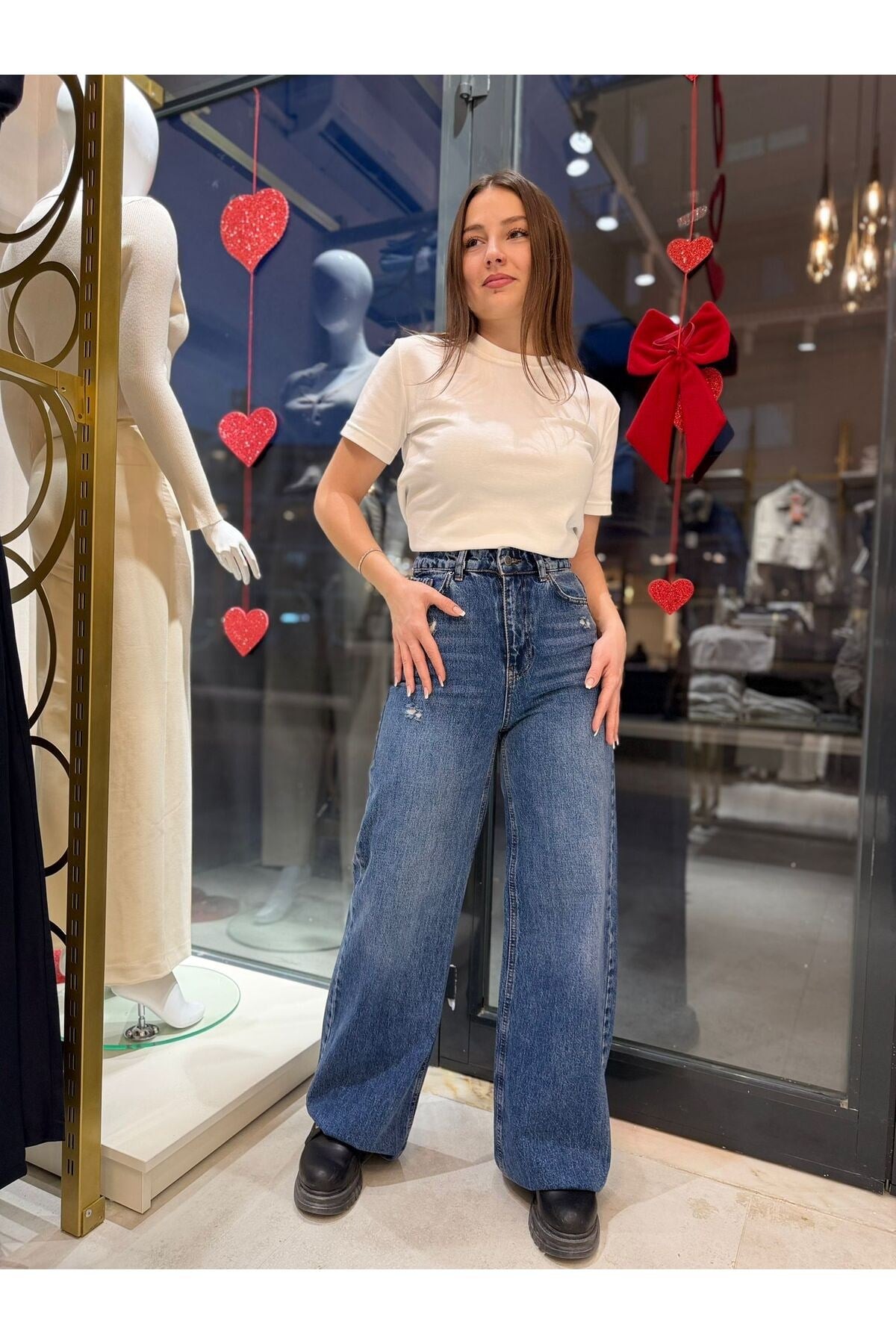Kadın Yüksek Bel Kesik Paça Wide Leg Vintage Mavi Jean Pantolon