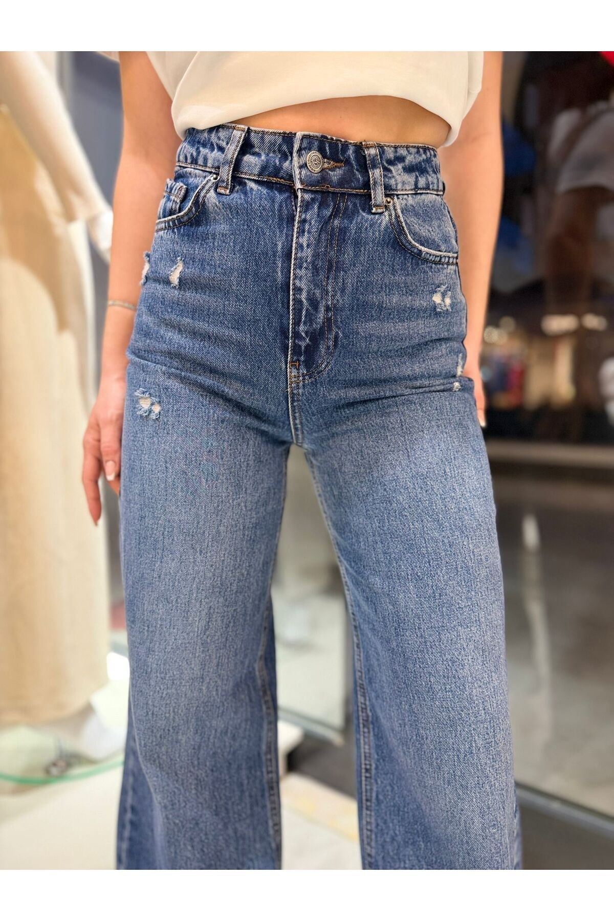 Kadın Yüksek Bel Kesik Paça Wide Leg Vintage Mavi Jean Pantolon