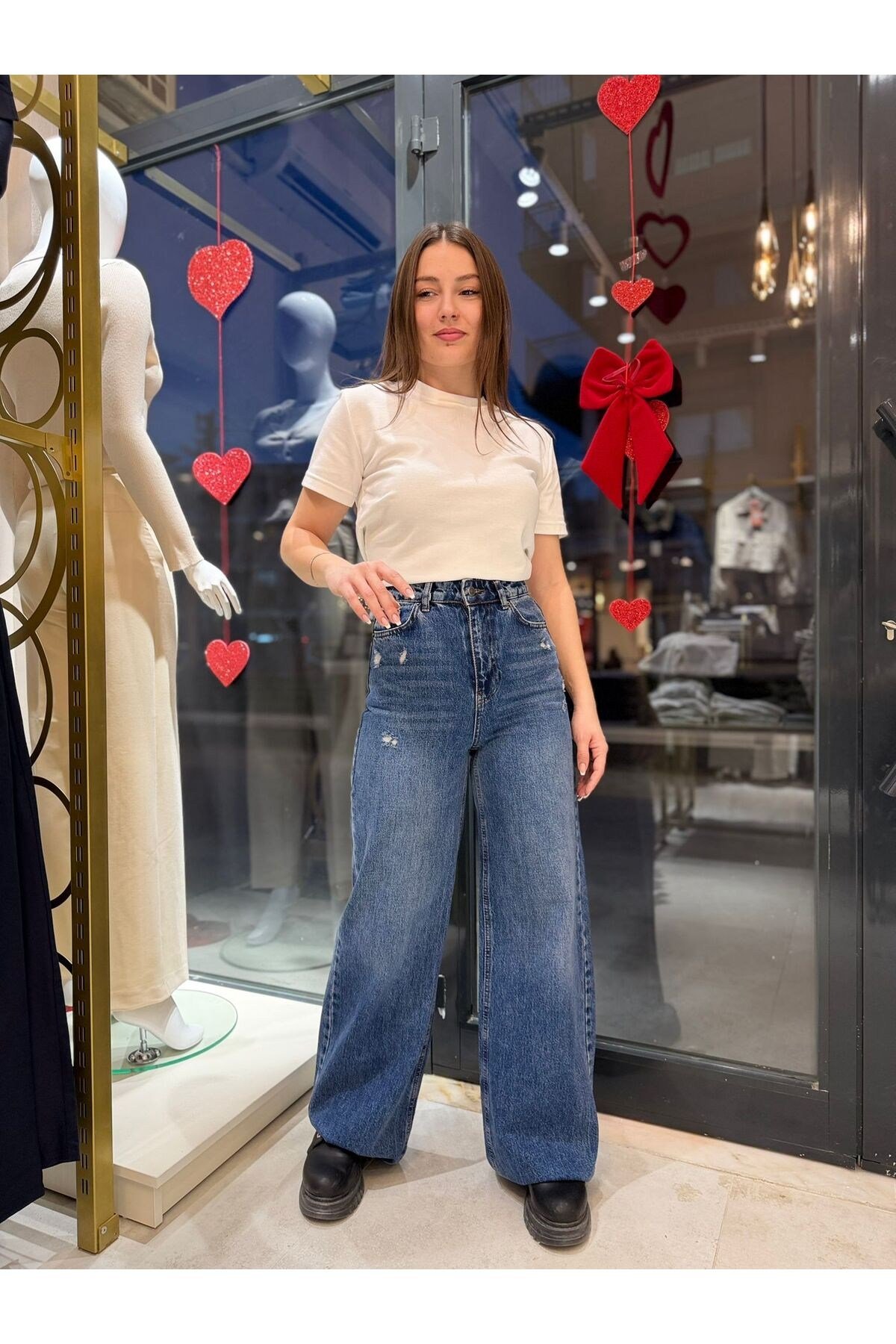 Kadın Yüksek Bel Kesik Paça Wide Leg Vintage Mavi Jean Pantolon