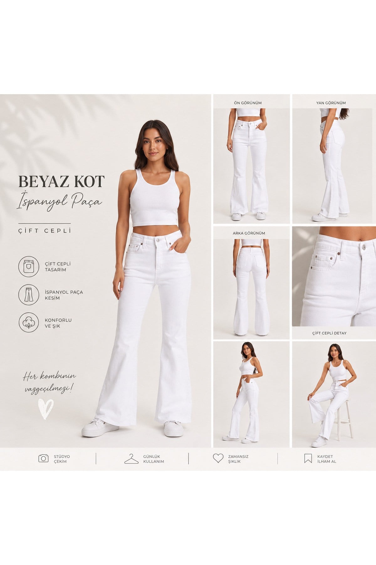 Kadın Yüksek Bel Wide Leg Beyaz Jean Pantolon
