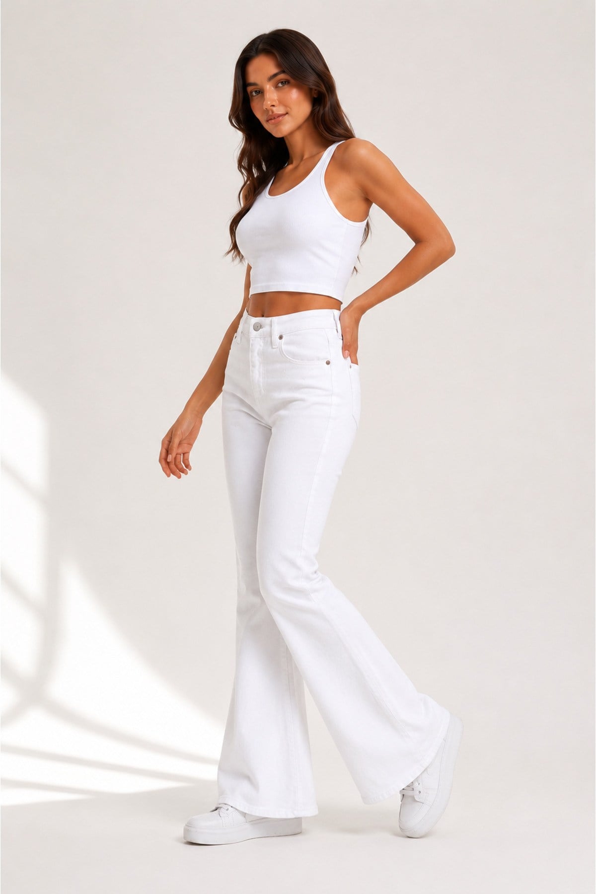 Kadın Yüksek Bel Wide Leg Beyaz Jean Pantolon