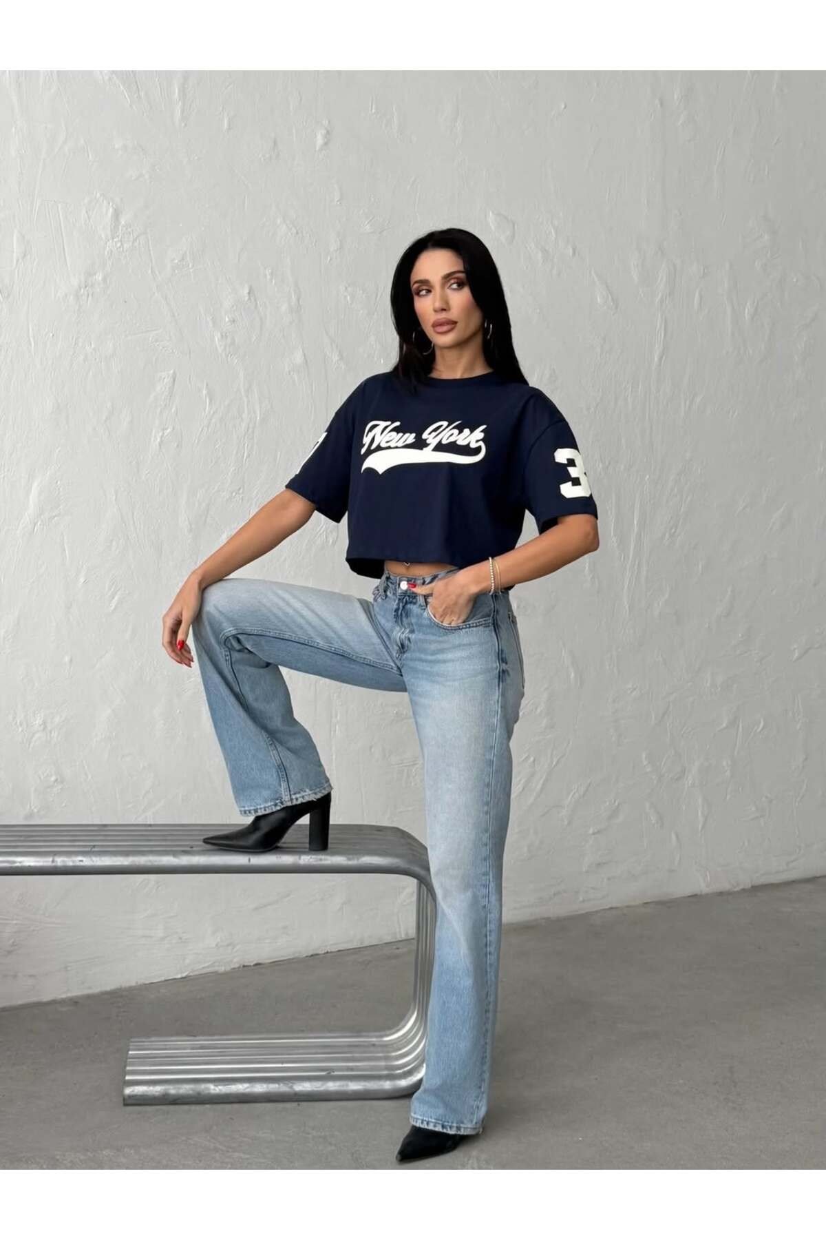 New York Baskılı Crop T-Shirt – Kısa Kesim Oversize Kadın T-Shirt