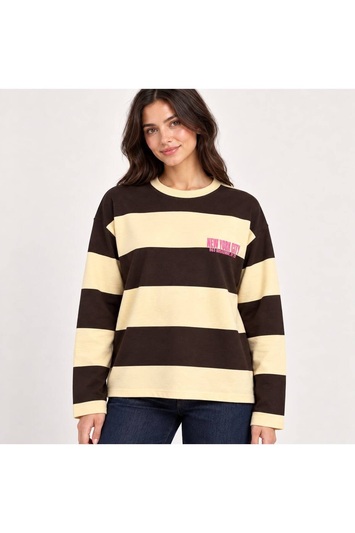 New York Baskılı Oversize Çizgili Sweatshirt