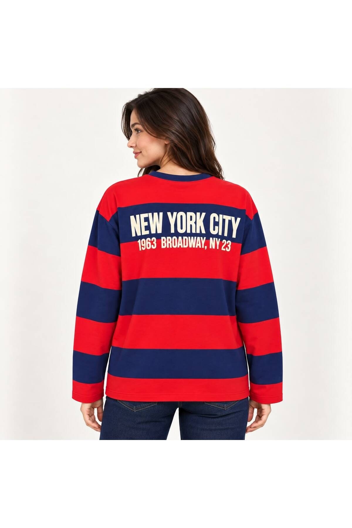 New York Baskılı Oversize Çizgili Sweatshirt
