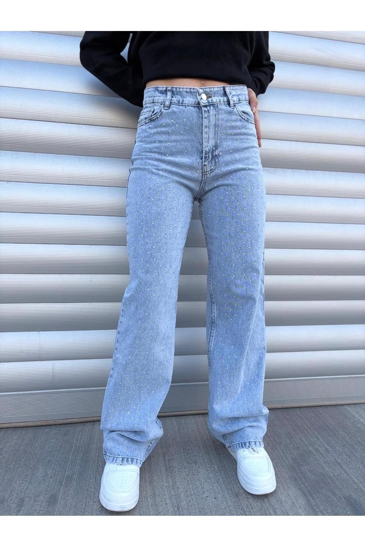 Yüksek Bel Taş Detaylı Wide Leg Açık Mavi Jean Pantolon