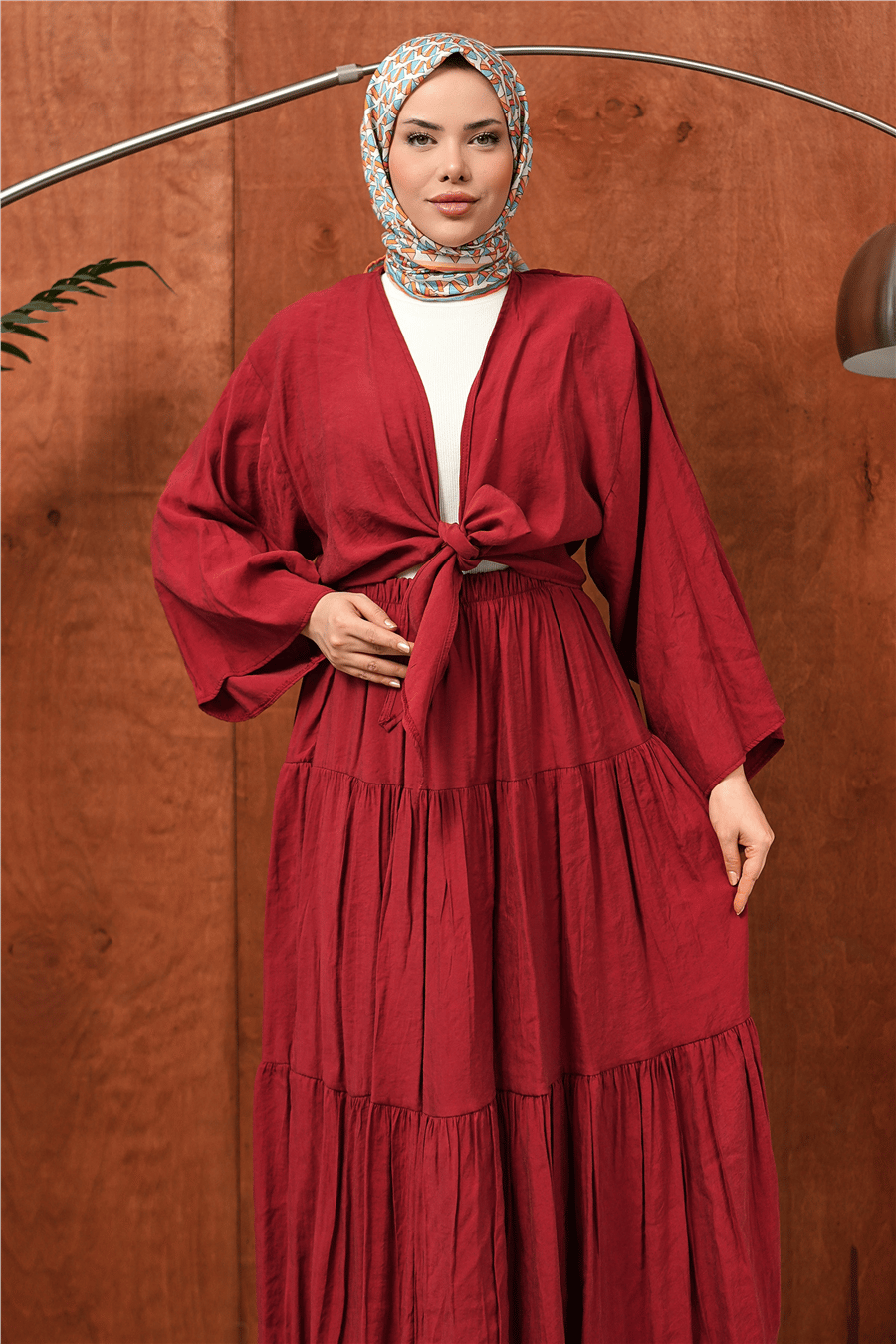 Bordo Bağlama Detaylı Katlı Tesettür Elbise kadın giyim ürün görseli Arzestore