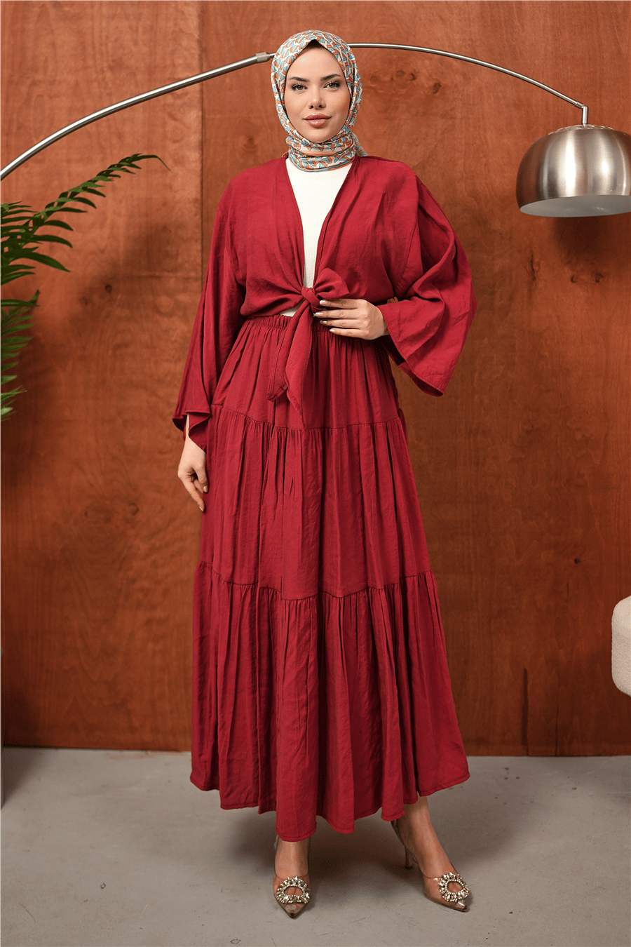 Bordo Bağlama Detaylı Katlı Tesettür Elbise kadın giyim ürün görseli Arzestore