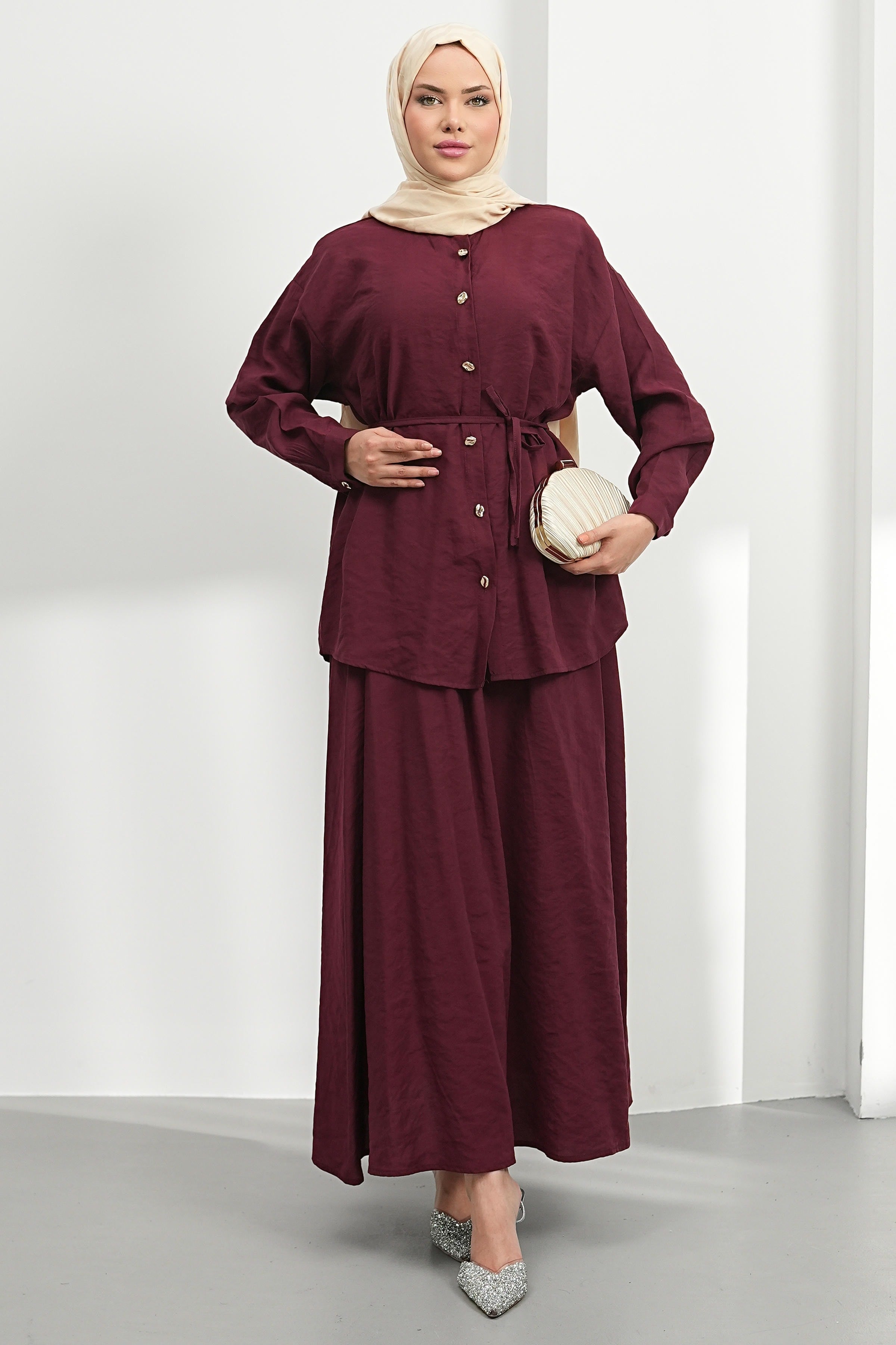 Kuşak Detaylı İkili Takım - Mürdüm kadın giyim ürün görseli Arzestore