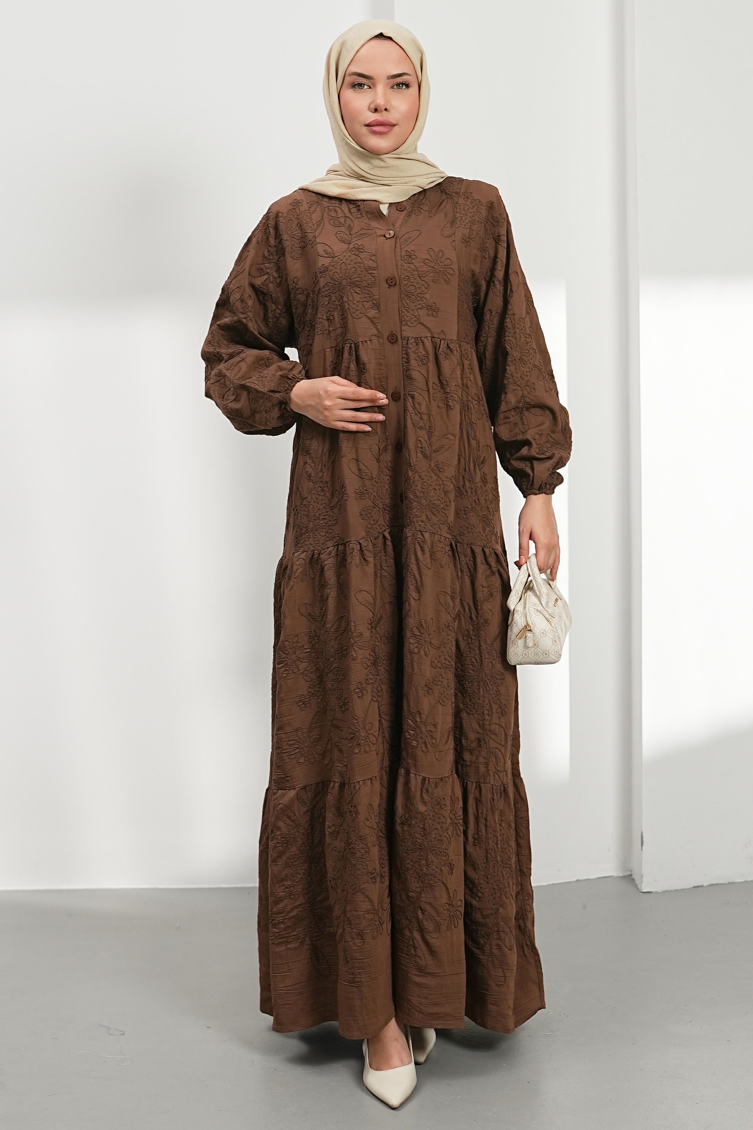 Nakışlı Kat Kat Elbise - Kahve kadın giyim ürün görseli Arzestore