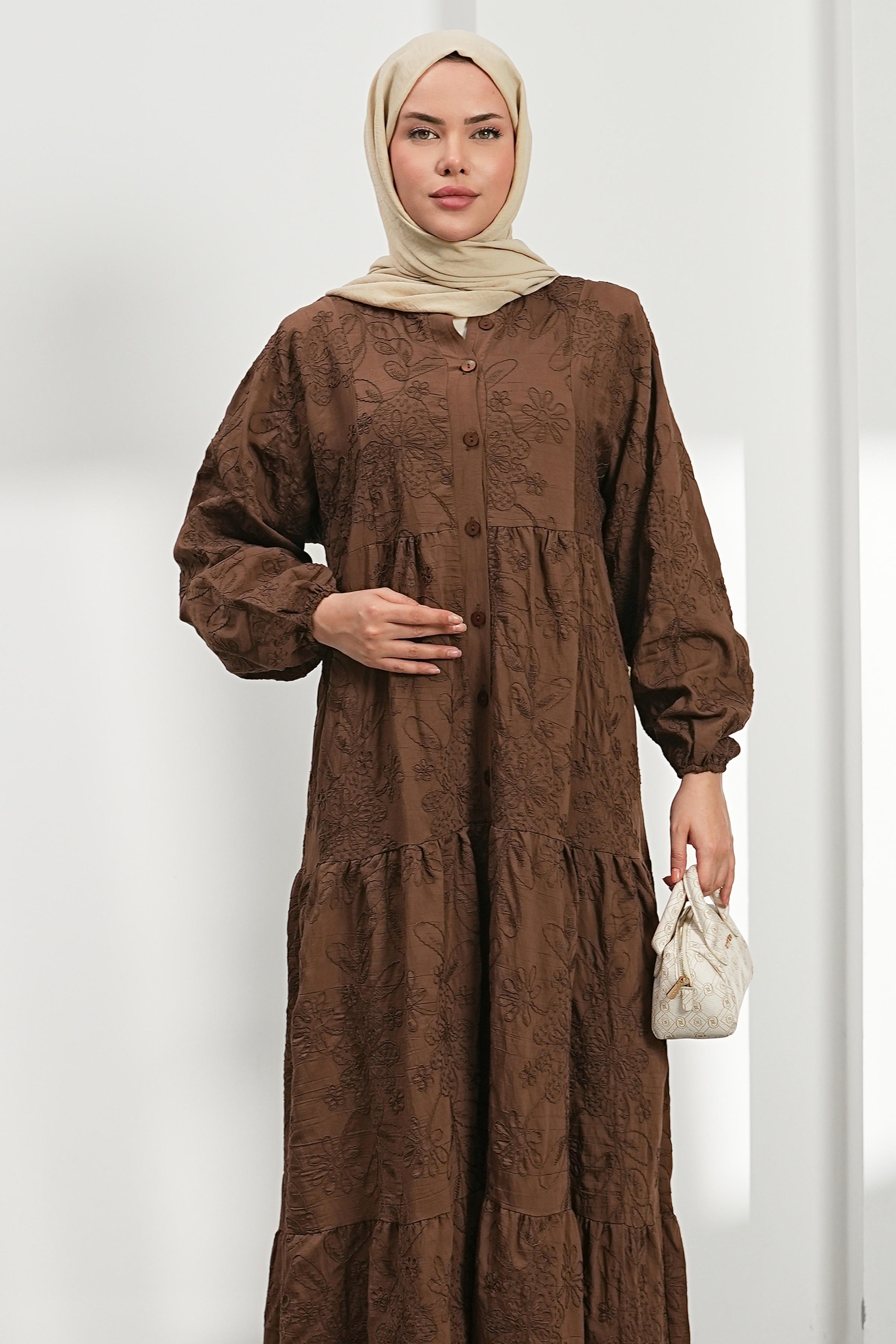 Nakışlı Kat Kat Elbise - Kahve kadın giyim ürün görseli Arzestore