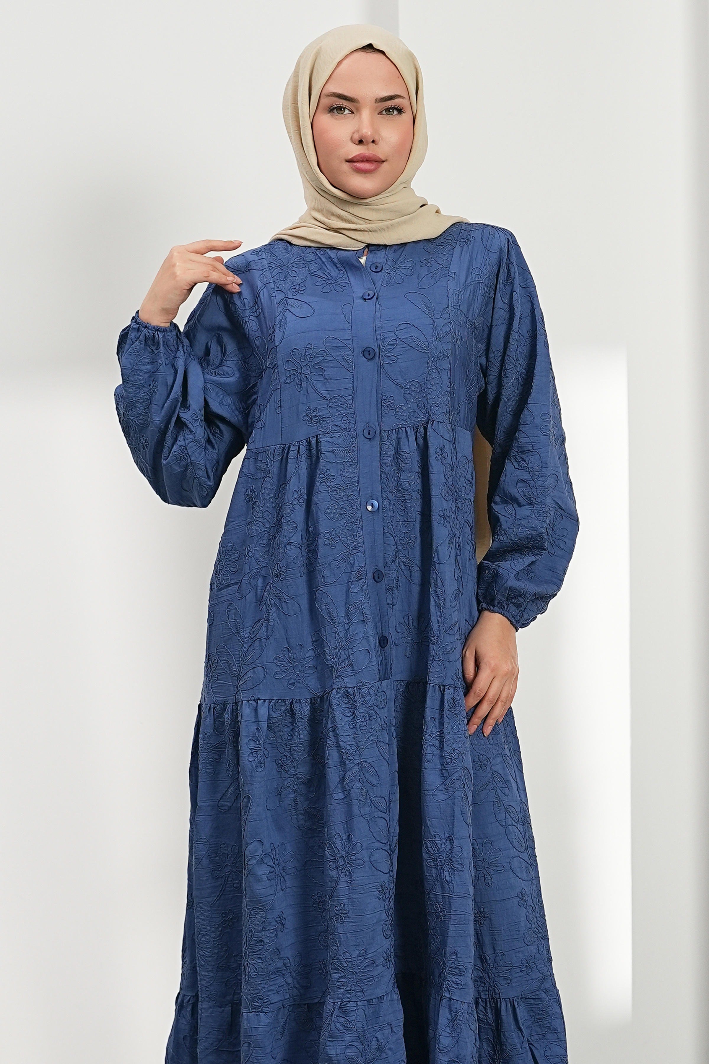 Nakışlı Kat Kat Elbise - Mavi kadın giyim ürün görseli Arzestore