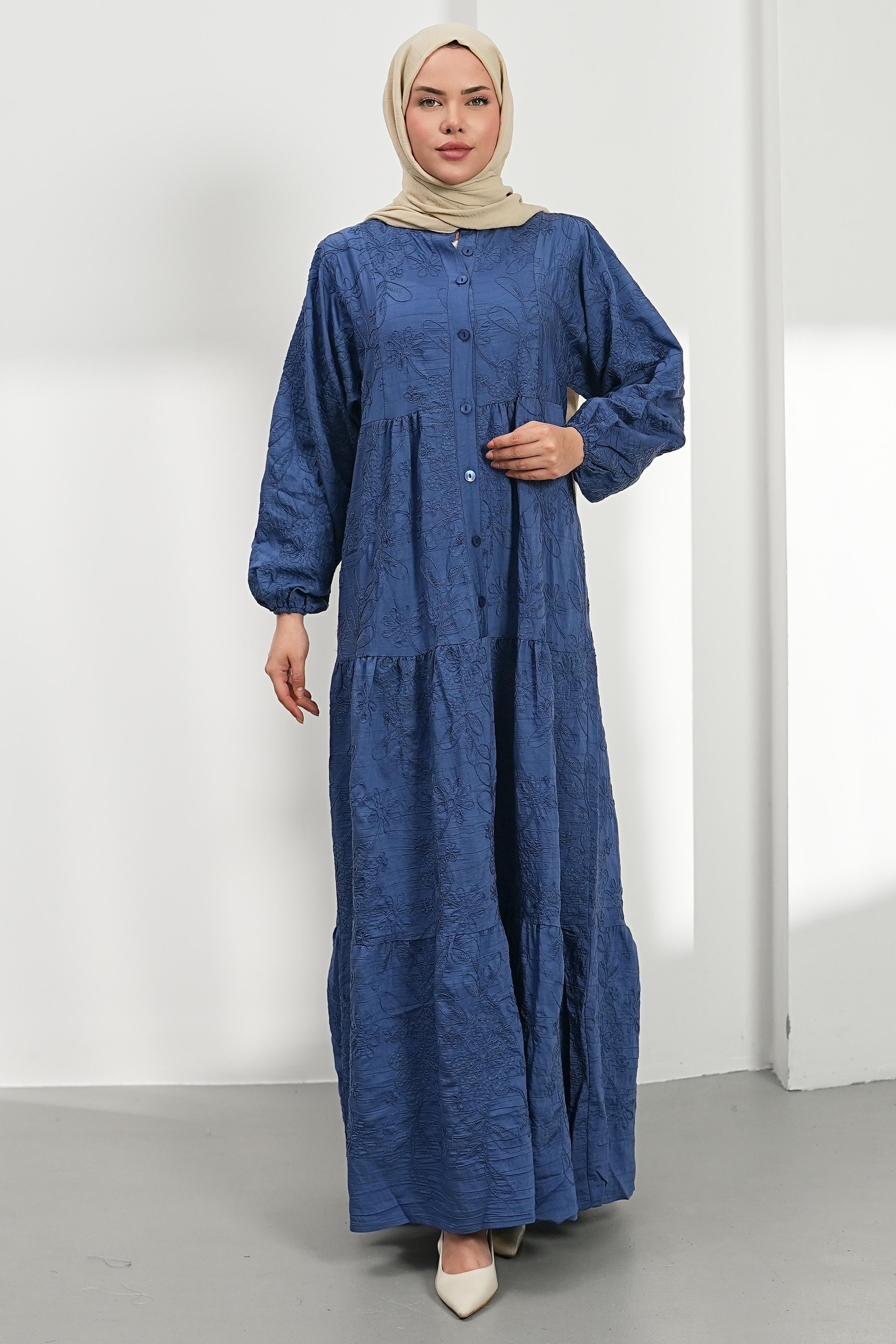 Nakışlı Kat Kat Elbise - Mavi kadın giyim ürün görseli Arzestore