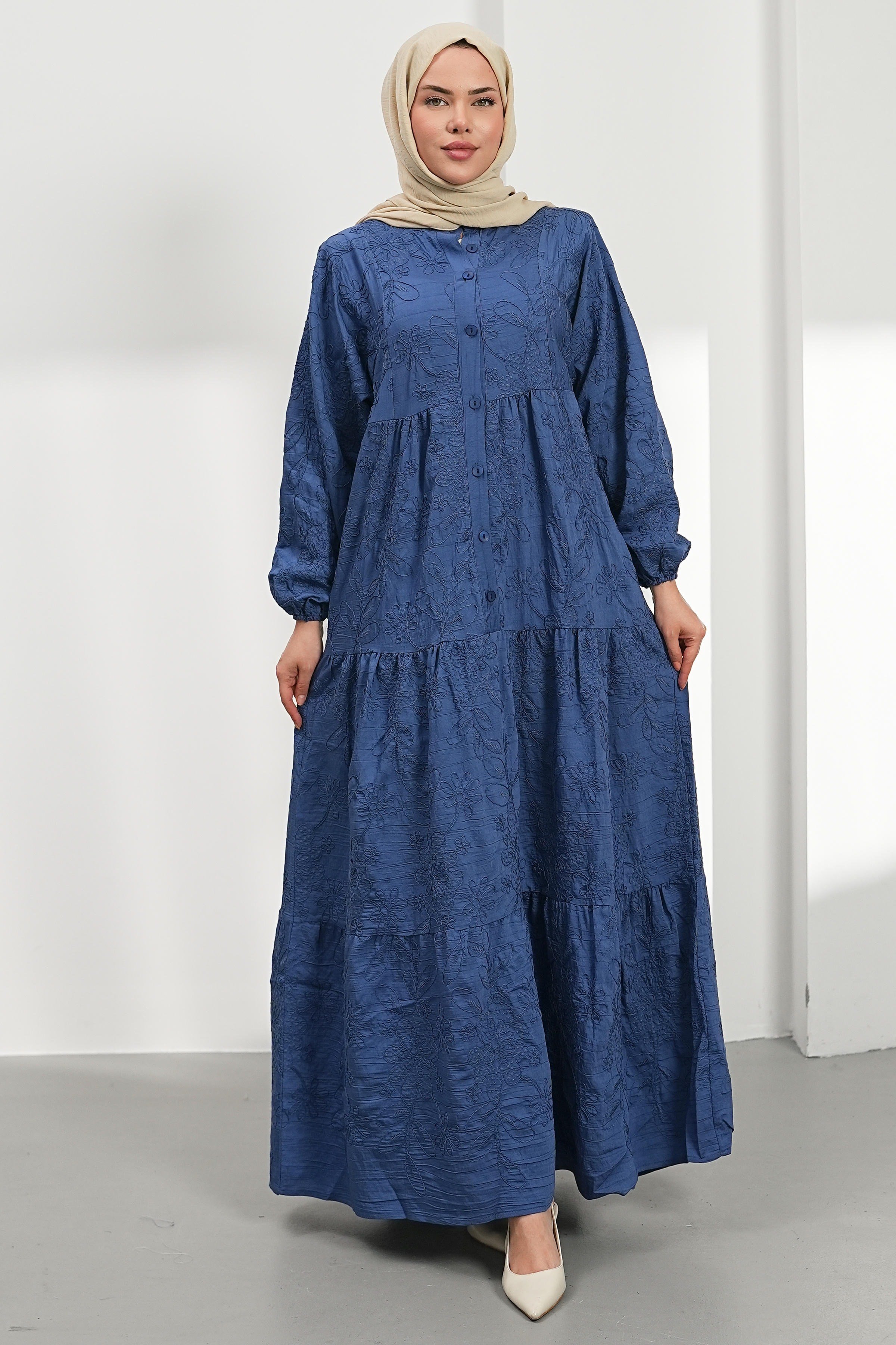Nakışlı Kat Kat Elbise - Mavi kadın giyim ürün görseli Arzestore