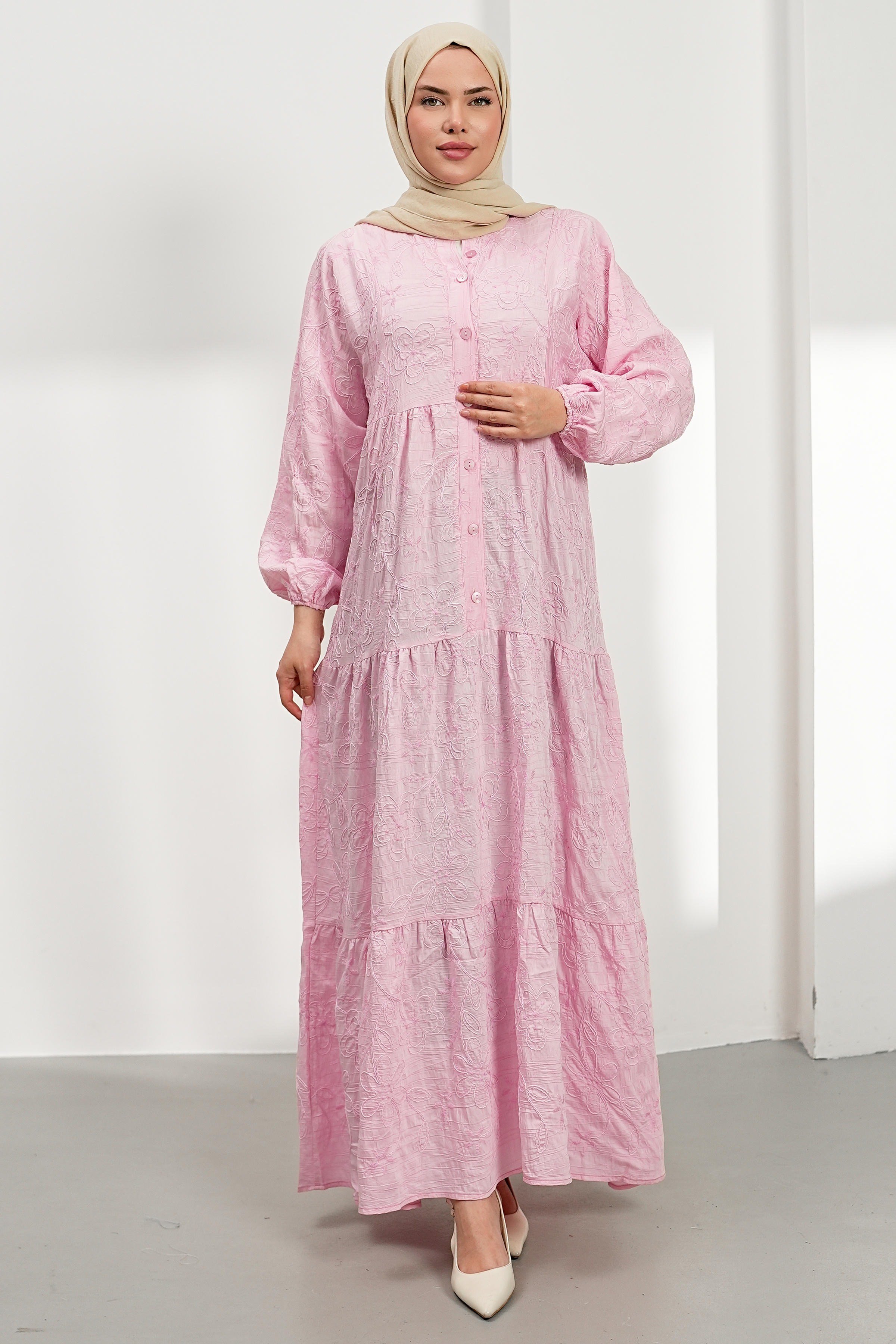 Nakışlı Kat Kat Elbise - Pembe kadın giyim ürün görseli Arzestore