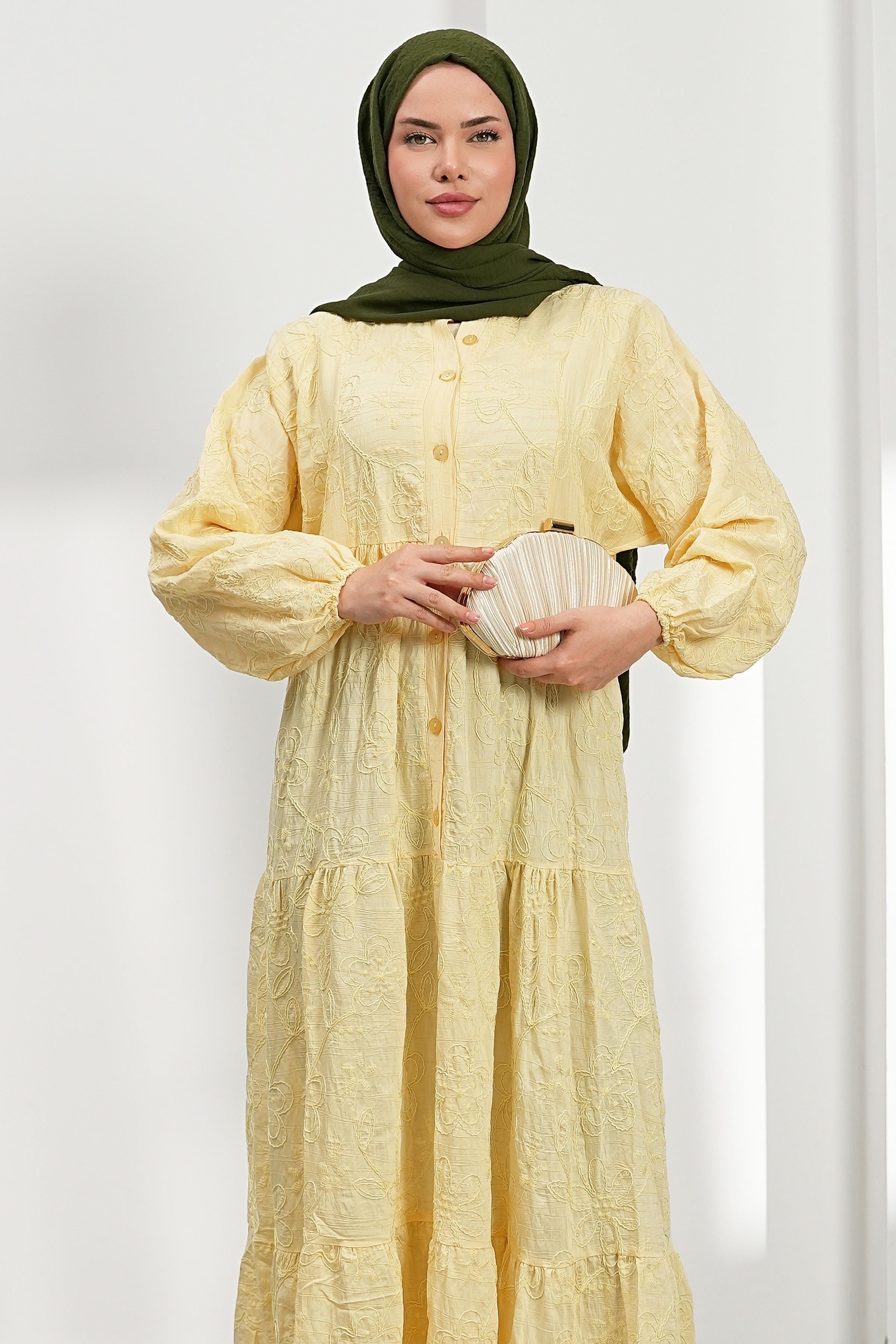 Nakışlı Kat Kat Elbise - Sarı kadın giyim ürün görseli Arzestore