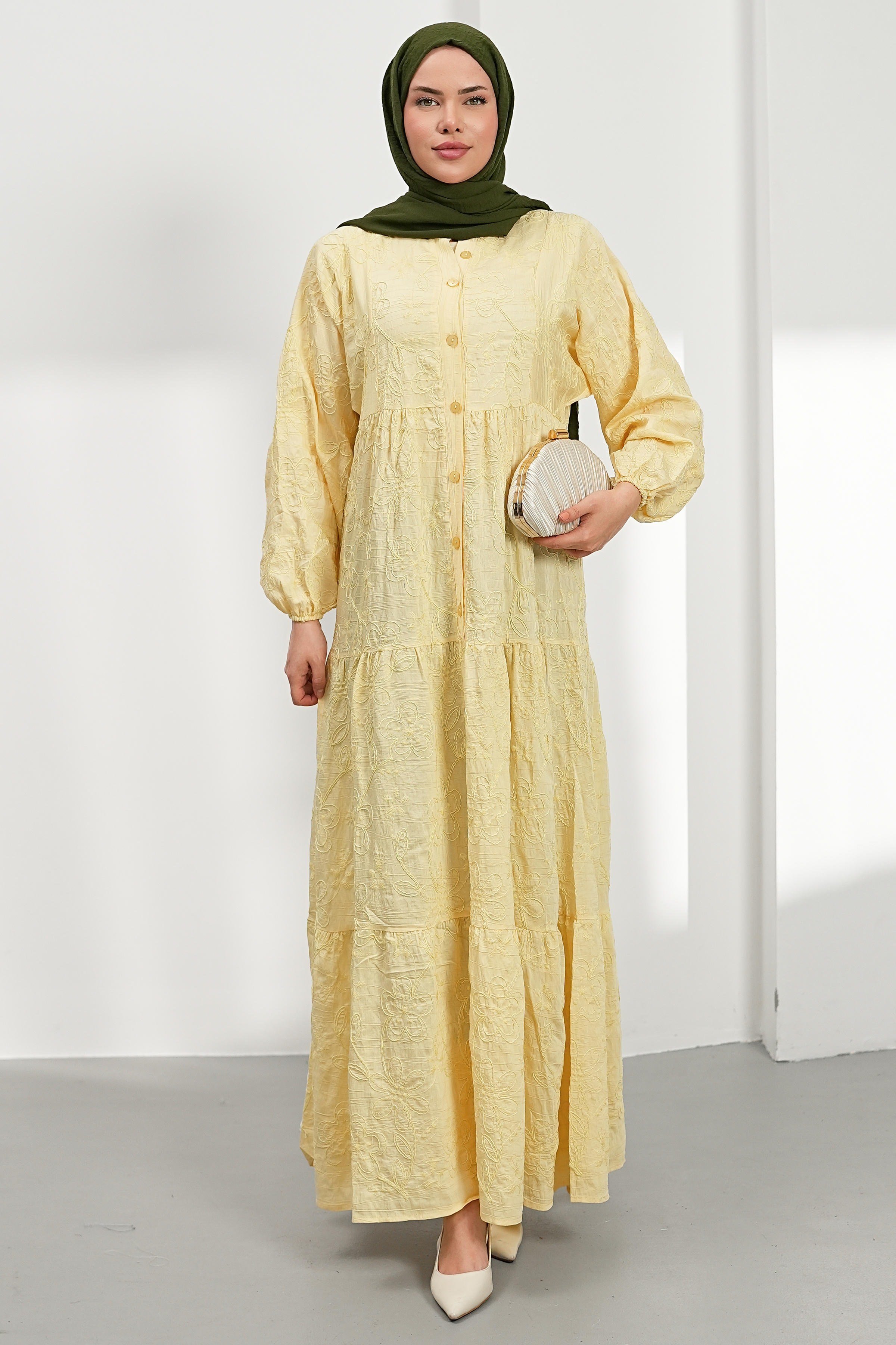 Nakışlı Kat Kat Elbise - Sarı kadın giyim ürün görseli Arzestore