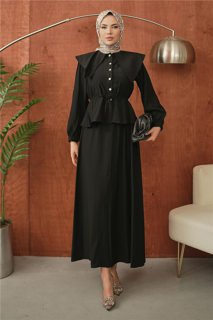 Siyah Yakalı Peplum Detaylı Tesettür Takım kadın giyim ürün görseli Arzestore