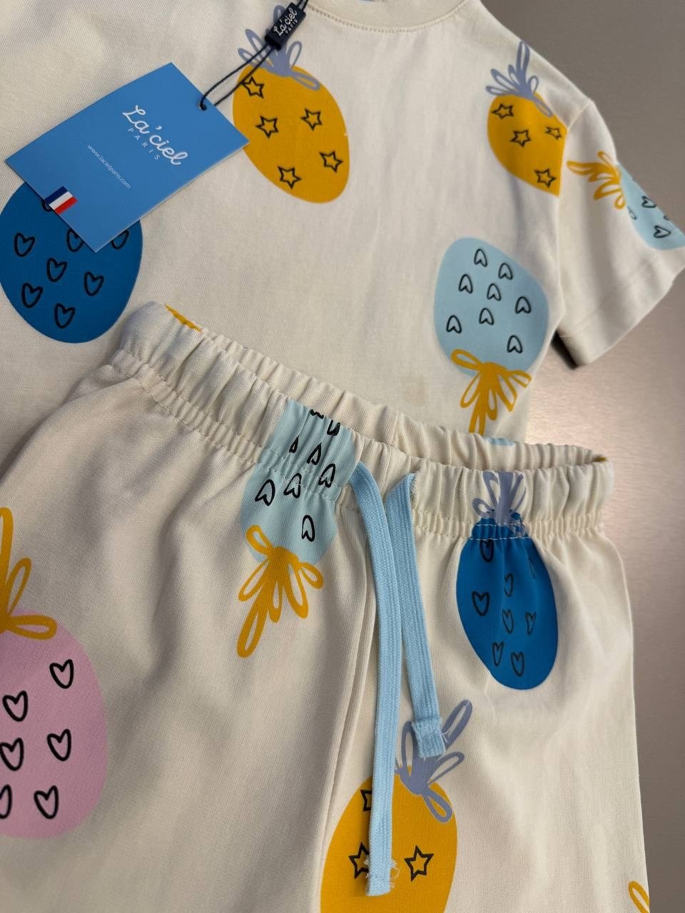 Ananas Baskılı Unisex Şortlu Oversize İkili Takım Ekru