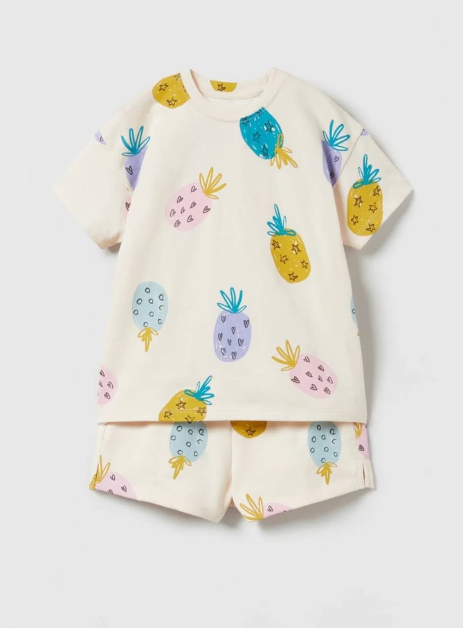 Ananas Baskılı Unisex Şortlu Oversize İkili Takım Ekru