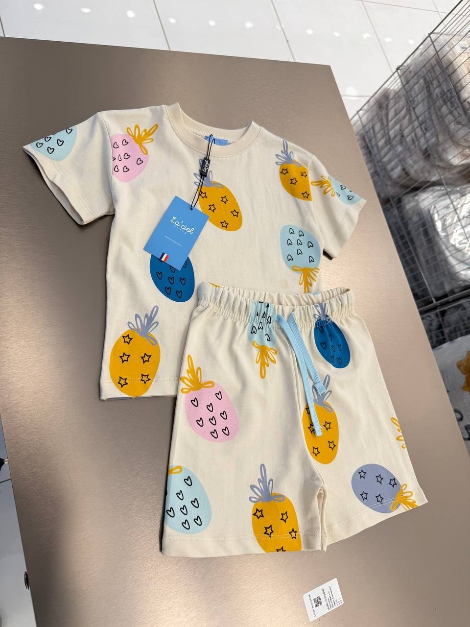 Ananas Baskılı Unisex Şortlu Oversize İkili Takım Ekru
