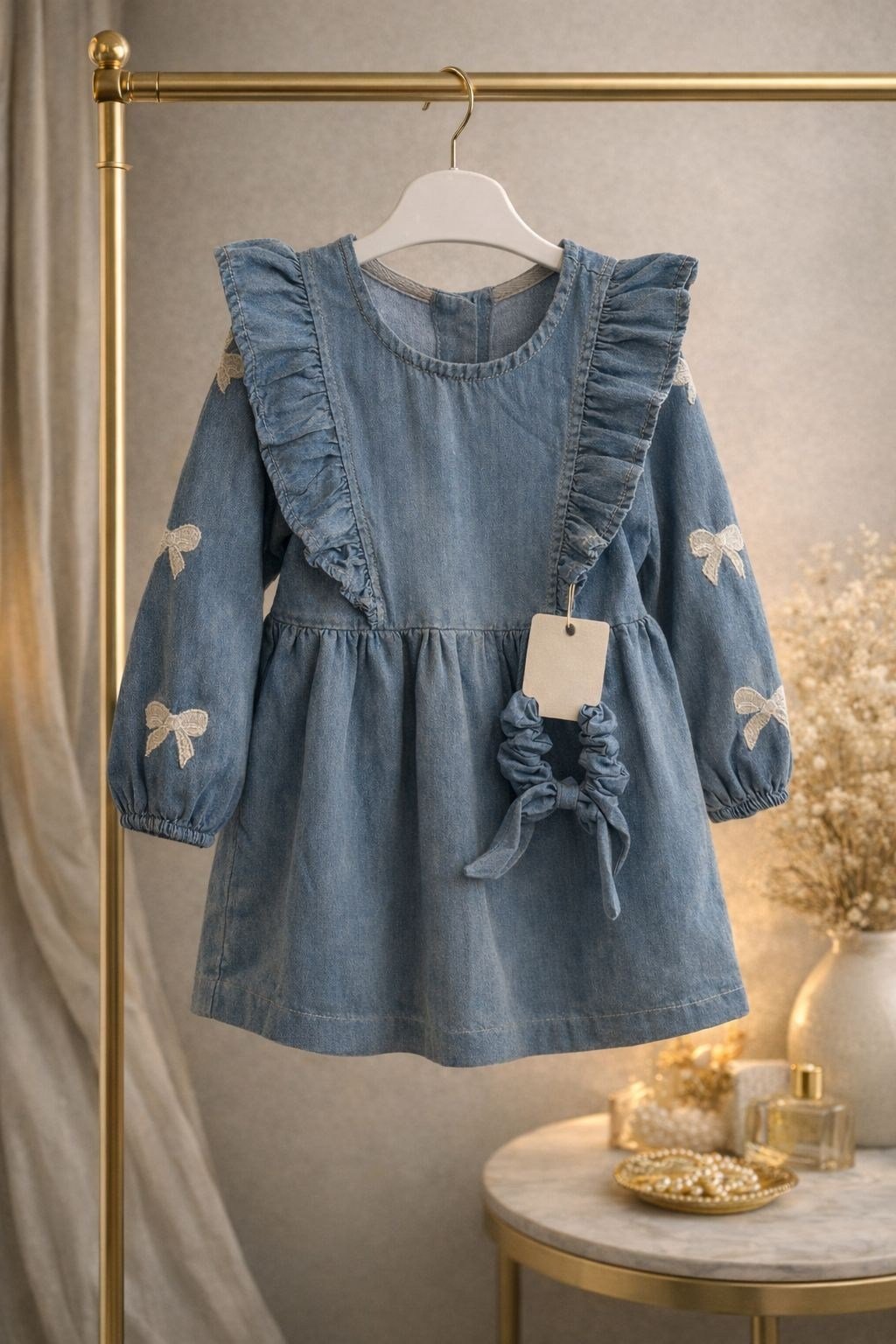 Denim Elbise+Bandana Mavi