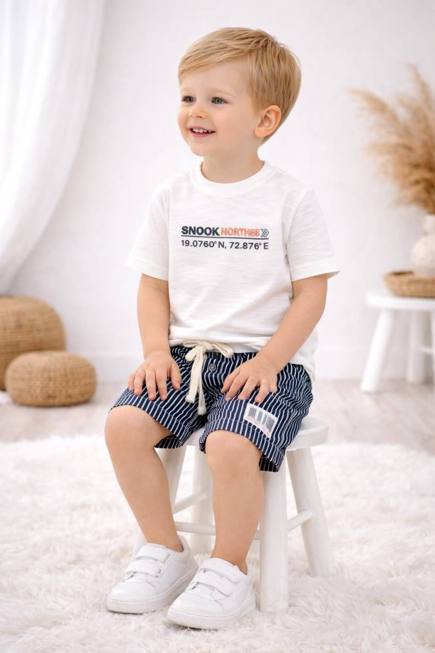 Erkek Çocuk Çizgili Denim Bermuda & Pamuk Tshirtlü Takım