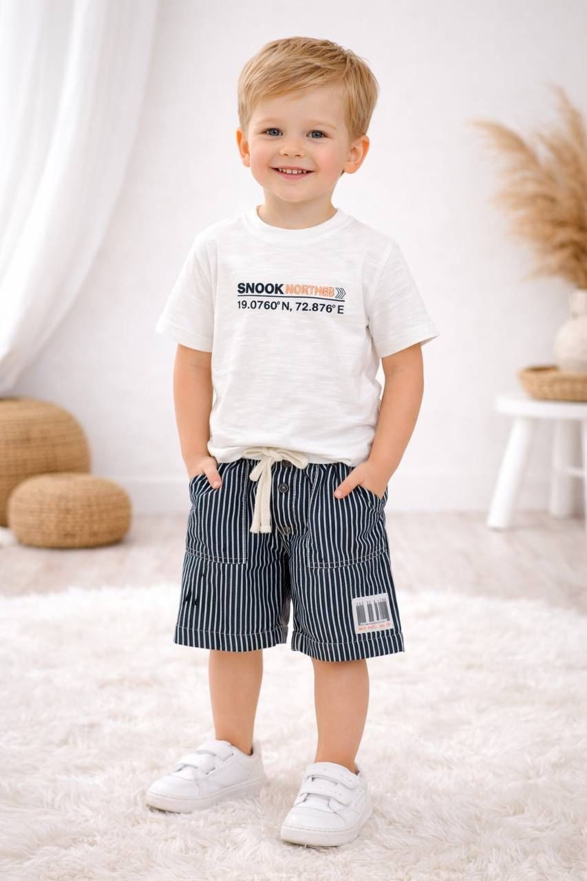 Erkek Çocuk Çizgili Denim Bermuda & Pamuk Tshirtlü Takım