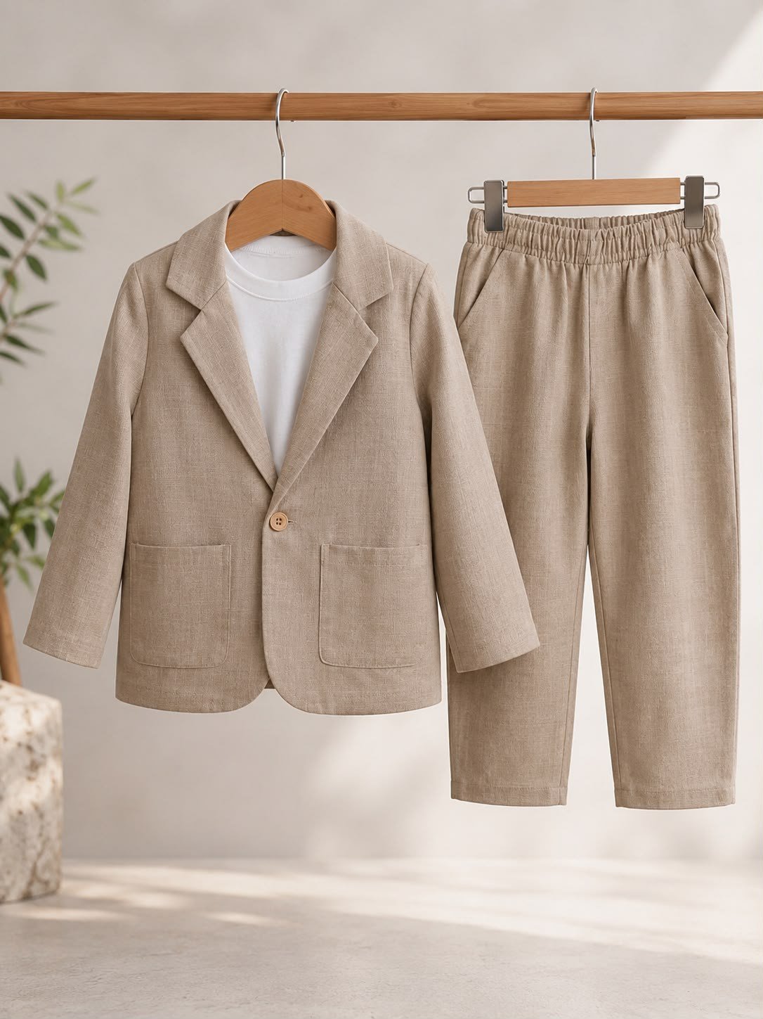 Erkek Çocuk Keten Blazer Ceket Pantolon ve Tshirtlü 3 lü Takım