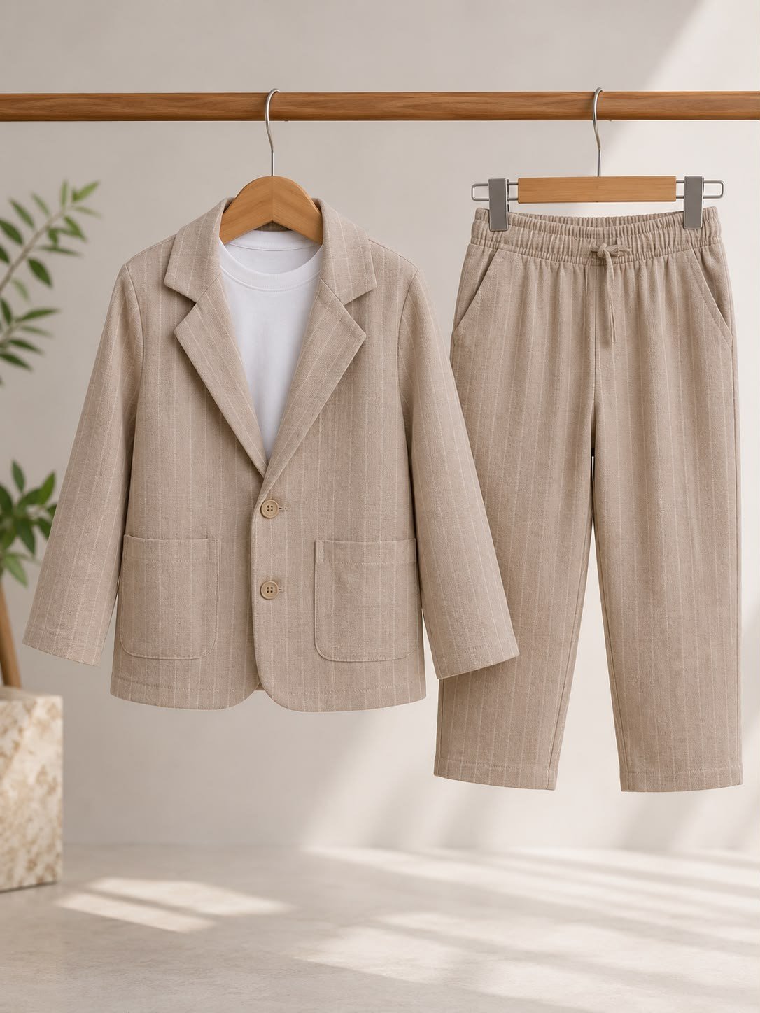 Erkek Çocuk Keten Çizgili Blazer Ceket Pantolon ve Tshirtlü 3 lü Takım