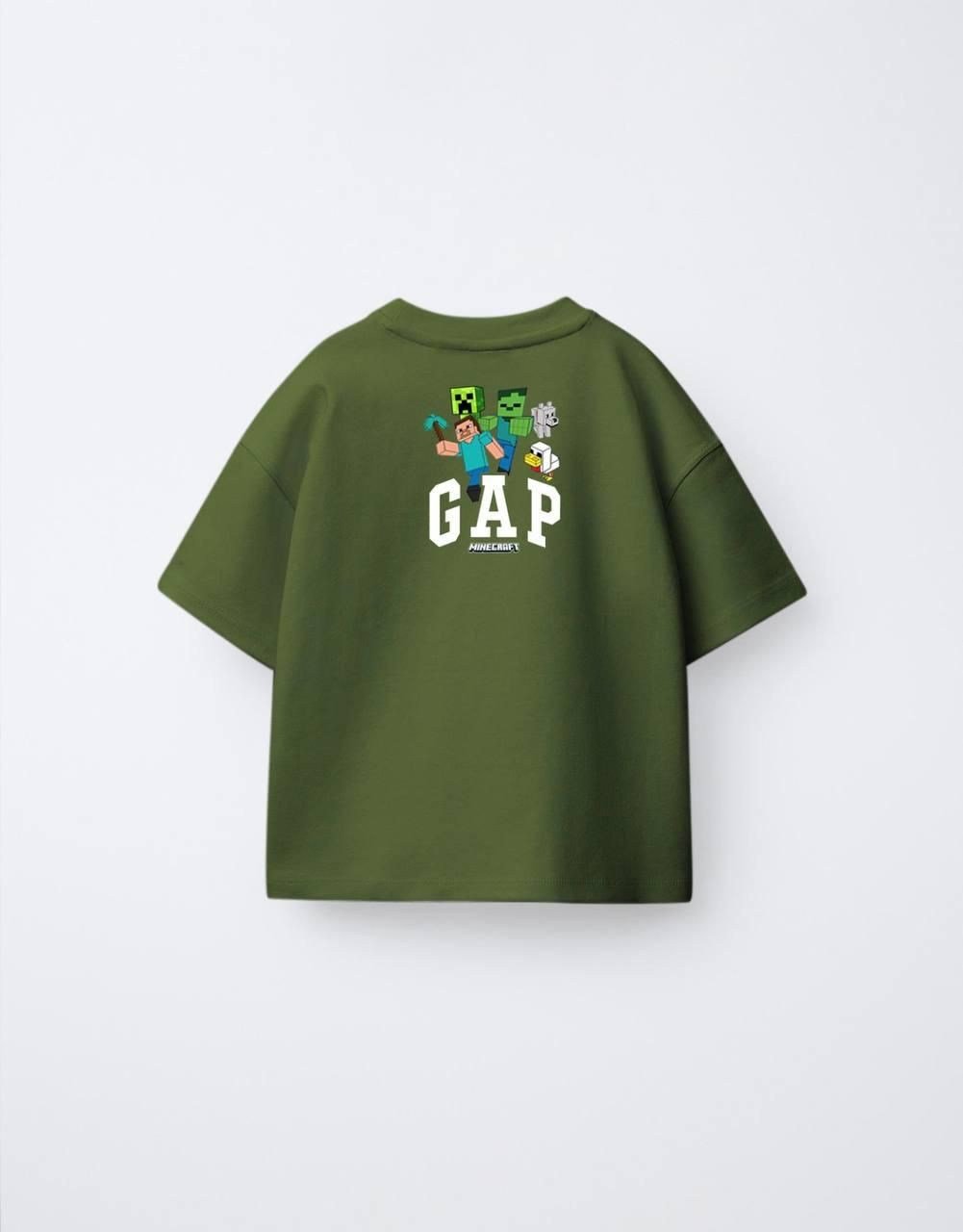 Erkek Çocuk Minecraft Ön Arka Baskılı Oversize Tshirt Haki