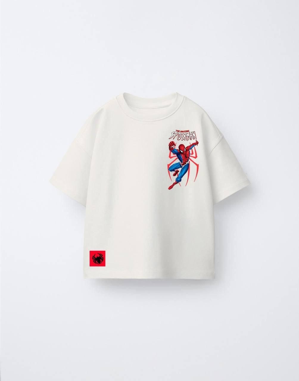 Erkek Çocuk Spiderman Ön Arka Baskılı Oversize Tshirt Beyaz