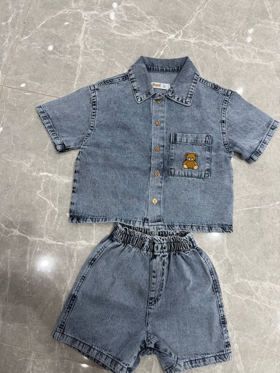 Erkek Çocuk Teddy Nakışlı Denim Gömlek & Denim Şort Takım