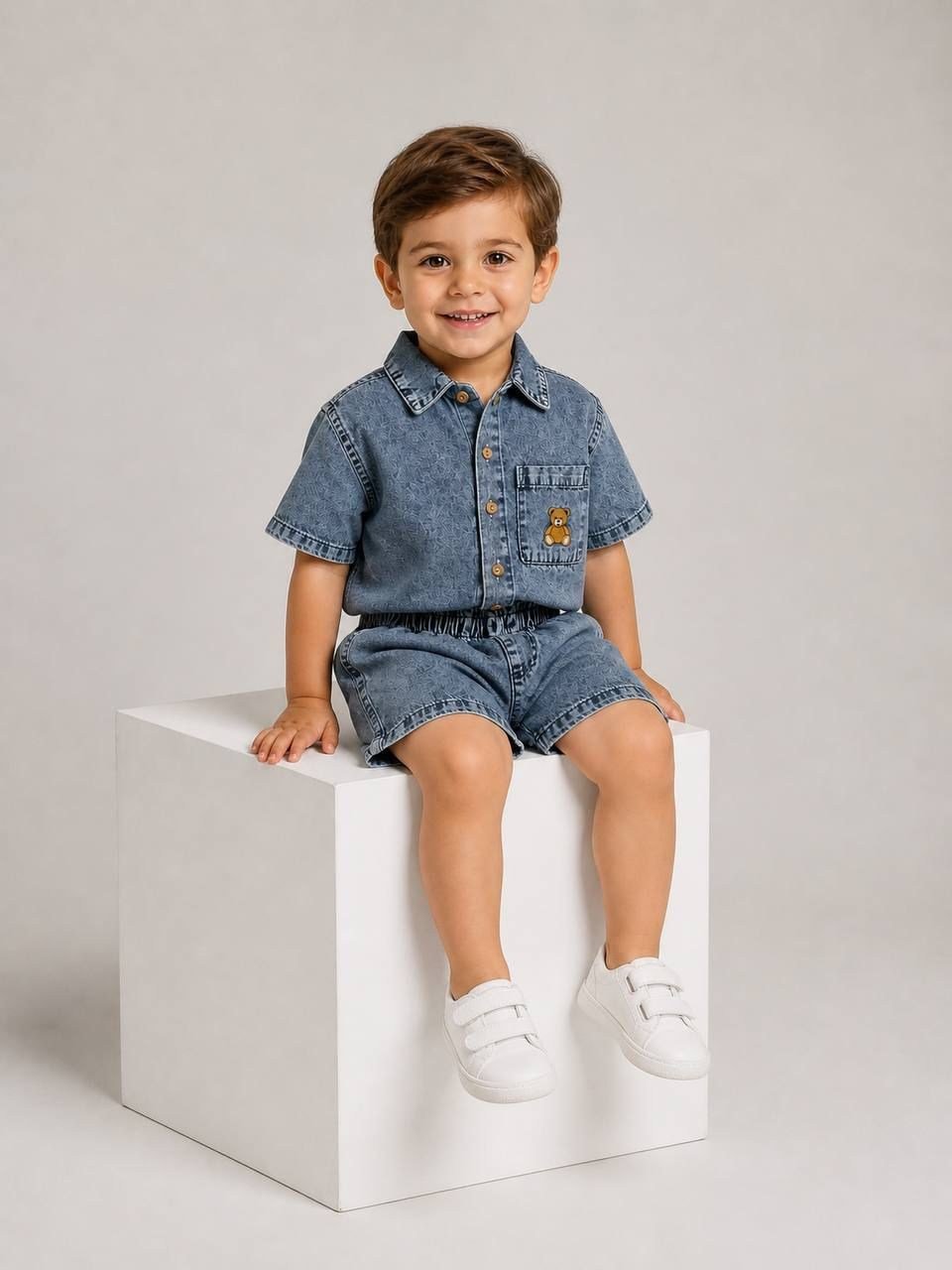 Erkek Çocuk Teddy Nakışlı Denim Gömlek & Denim Şort Takım