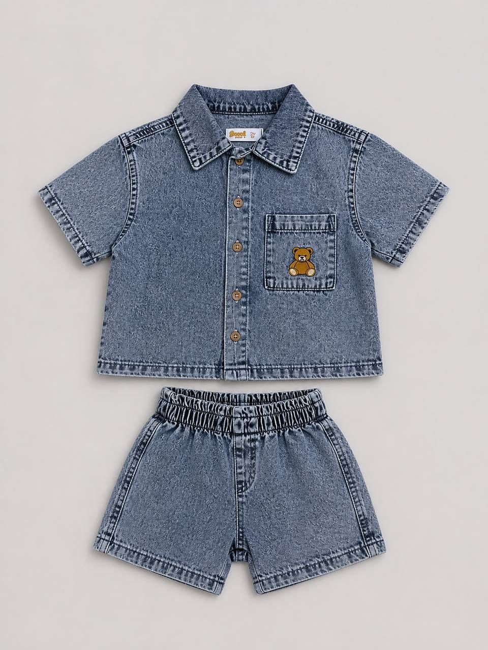 Erkek Çocuk Teddy Nakışlı Denim Gömlek & Denim Şort Takım