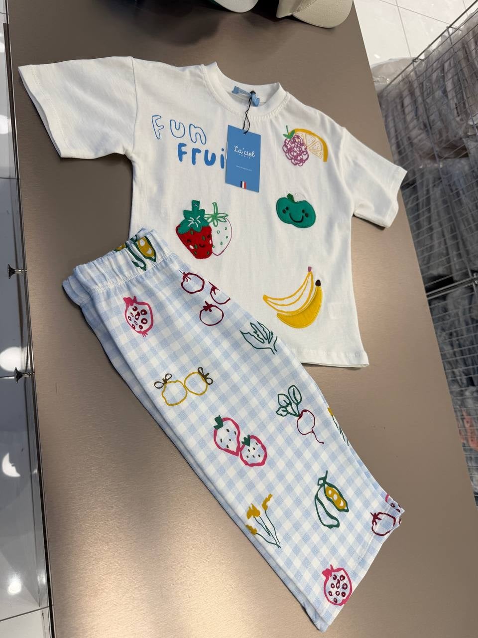 Fruits Nakışlı Wide Leg Pantolonlu Set Beyaz