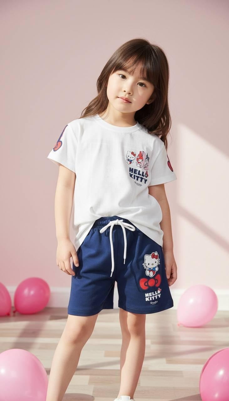 Hello Kitty Baskılı Kız Çocuk Şortlu İkili Takım Beyaz