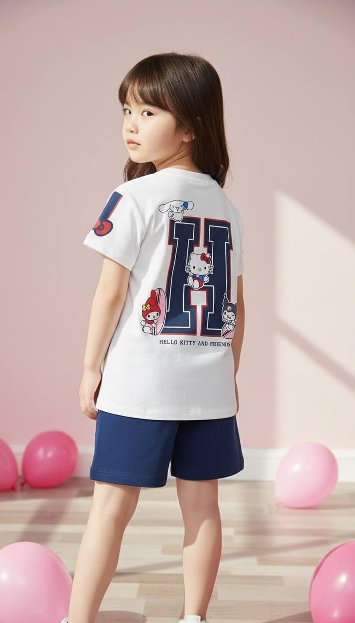 Hello Kitty Baskılı Kız Çocuk Şortlu İkili Takım Beyaz