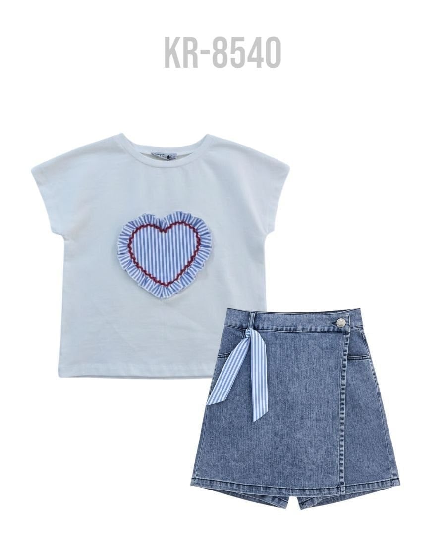 Kalp Patchli Tshirt ve Şort Etekli İkili Takım Beyaz