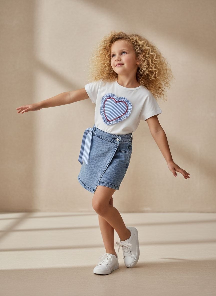 Kalp Patchli Tshirt ve Şort Etekli İkili Takım Beyaz