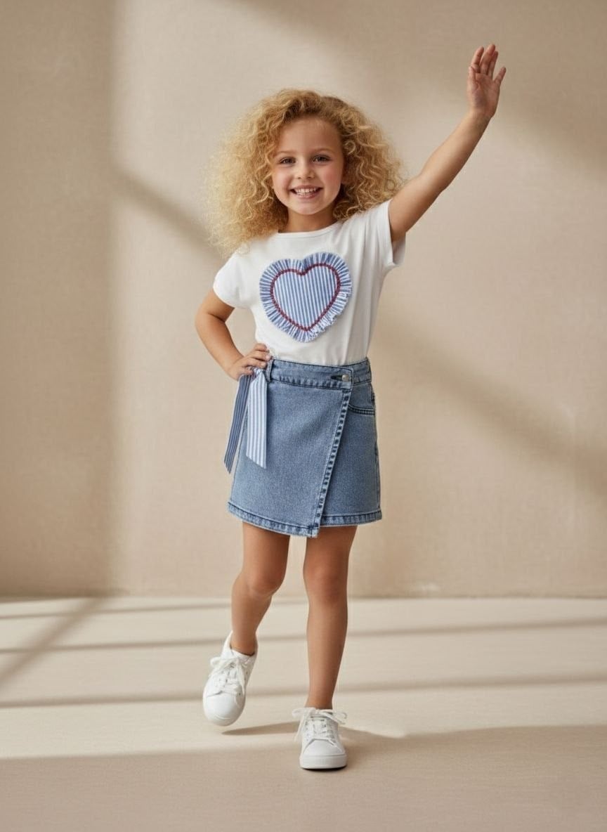 Kalp Patchli Tshirt ve Şort Etekli İkili Takım Beyaz